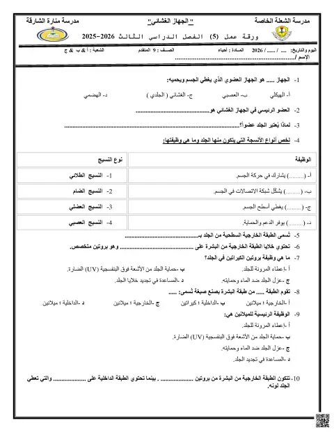 ورقة عمل الجهاز الغشائي