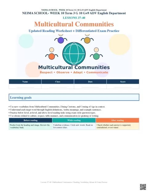 Multicultural Communities: Updated Reading Worksheet + Differentiated Exam Practice