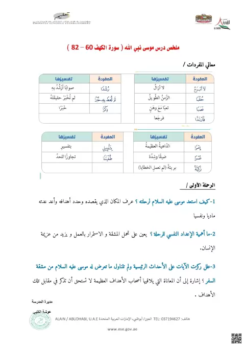ملخص درس موسى نبي الله (سورة الكهف 60-82)