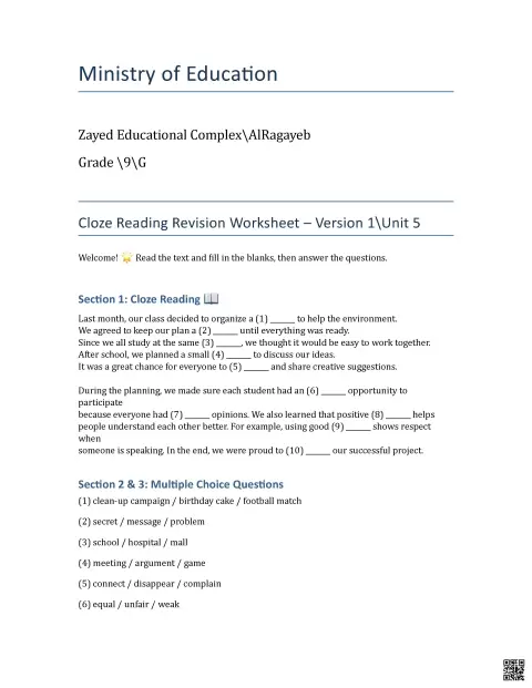 Cloze Reading Revision Worksheet