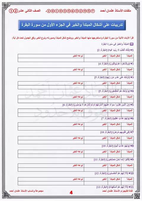 تدريبات أشكال المبتدأ والخبر في سورة البقرة (غير محلول)