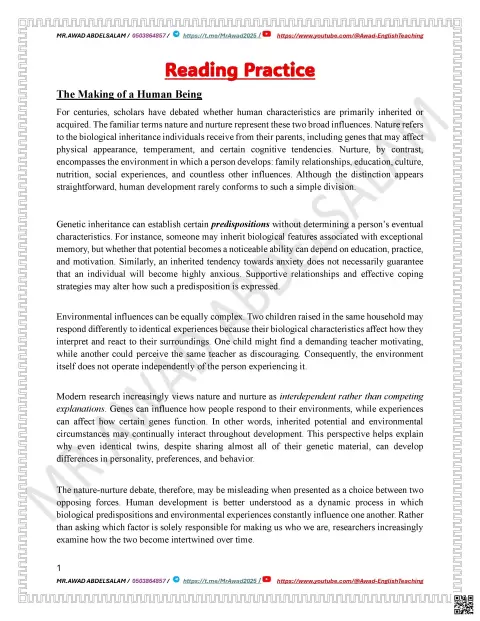 Reading Practice: The Making of a Human Being