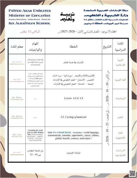 الخطة الأسبوعية الدراسية