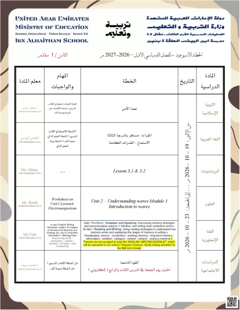 الخطة الأسبوعية الدراسية