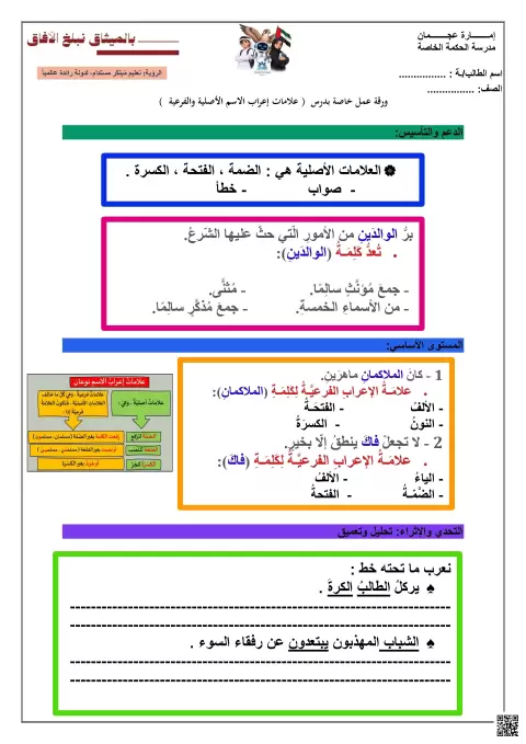 ورقة عمل علامات إعراب الاسم الأصلية والفرعية