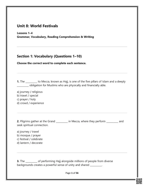 Unit 8: World Festivals - Grammar and Vocabulary Exercises