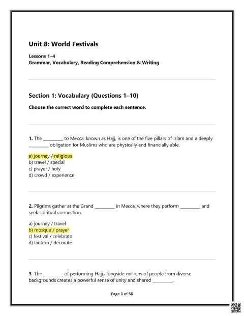 Unit 8: World Festivals - Grammar and Vocabulary Exercises