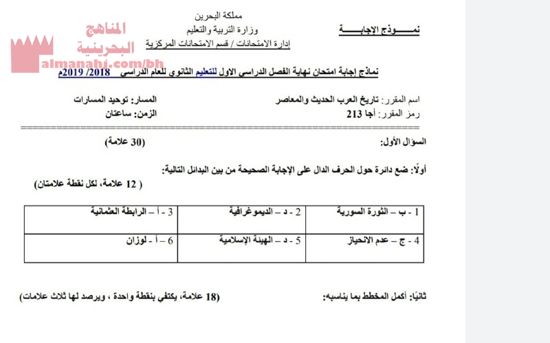 إجابة أسئلة امتحان نهاية الفصل الأو ل مقرر تاريخ العرب الحديث رمز المقرر 213 مرحلة ثانوية اجتماعيات الفصل الأول المناهج البحرينية
