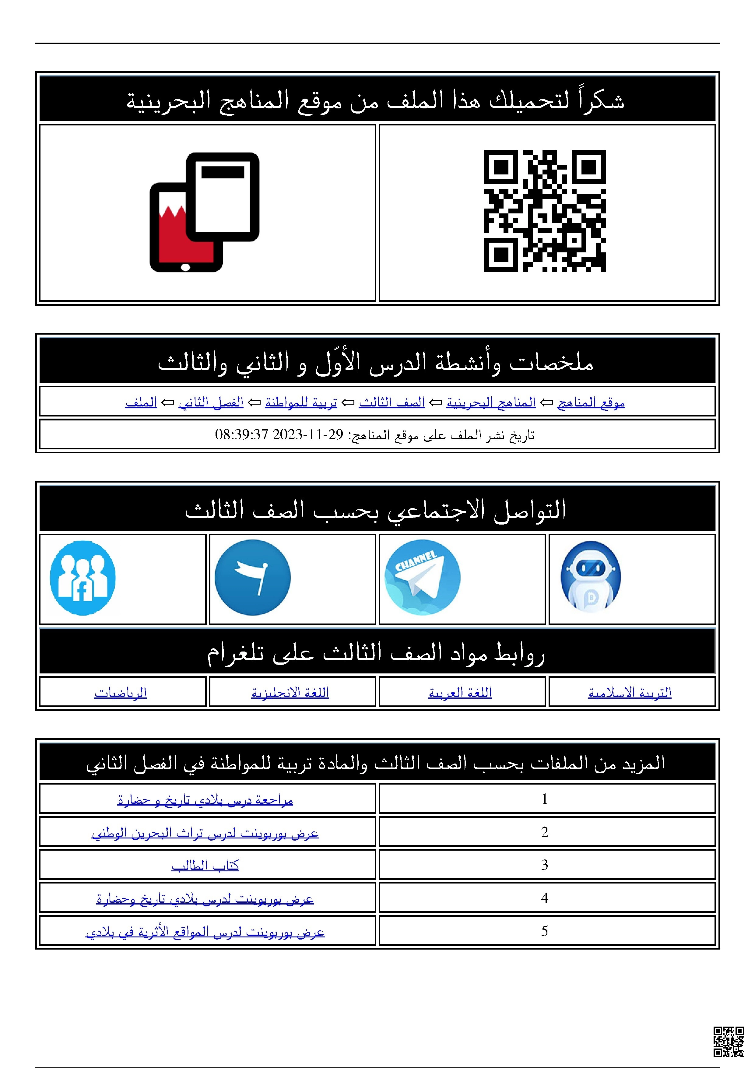 ملخص وأنشطة درس بلادي تاريخ وحضارة والمواقع الأثرية