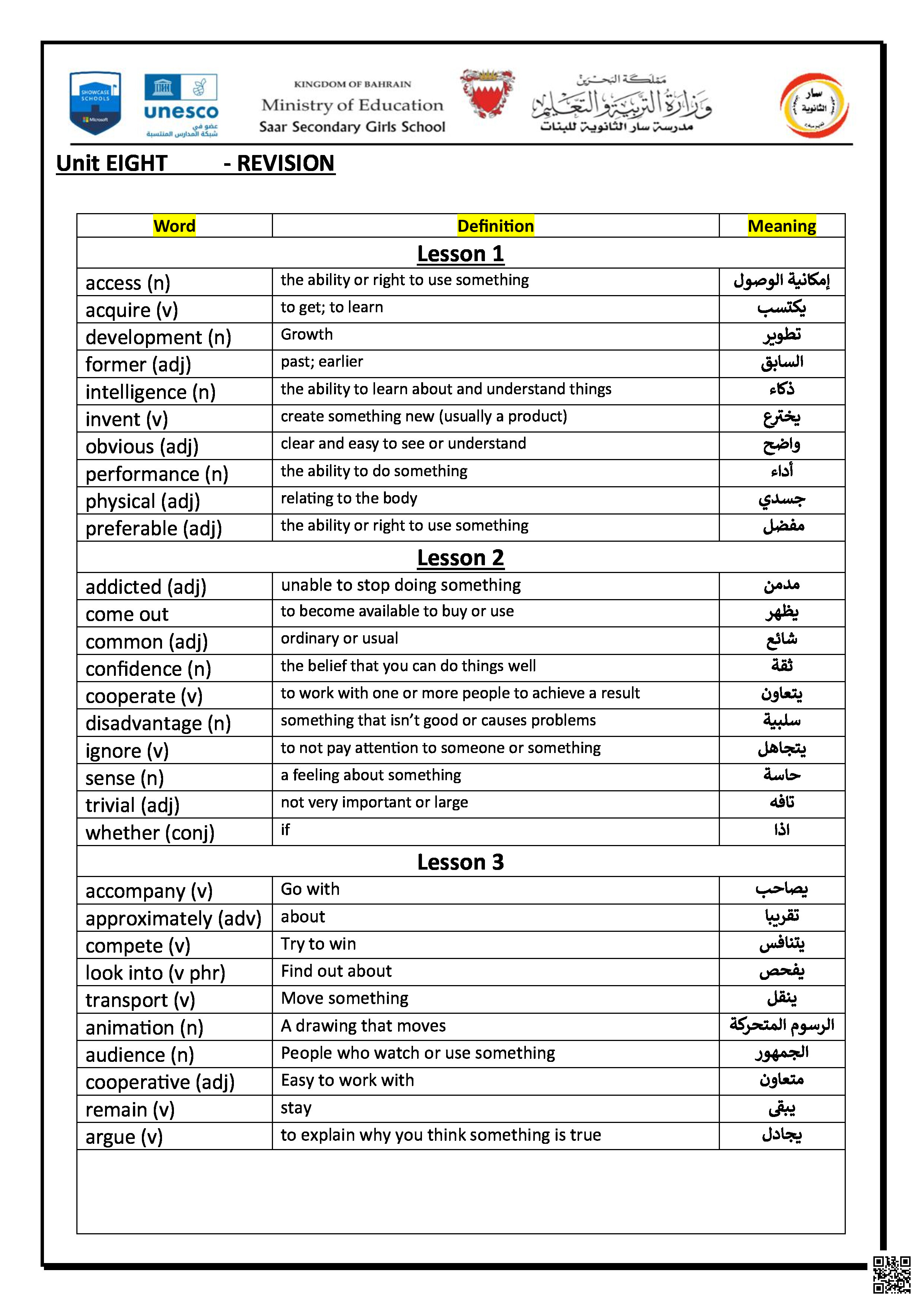مراجعة الوحدة الثامنة - لغة انجليزية - الصف الصف الأول الثانوي - الفصل الفصل الثاني