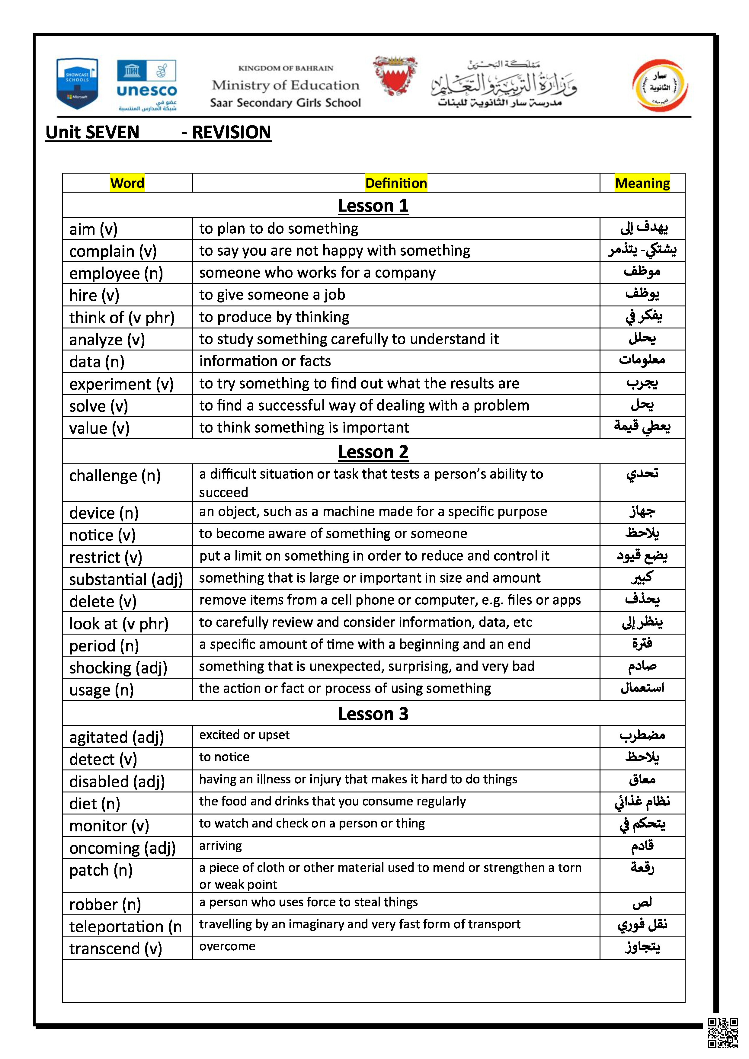 مراجعة الوحدة السابعة - لغة انجليزية - الصف الصف الأول الثانوي - الفصل الفصل الثاني