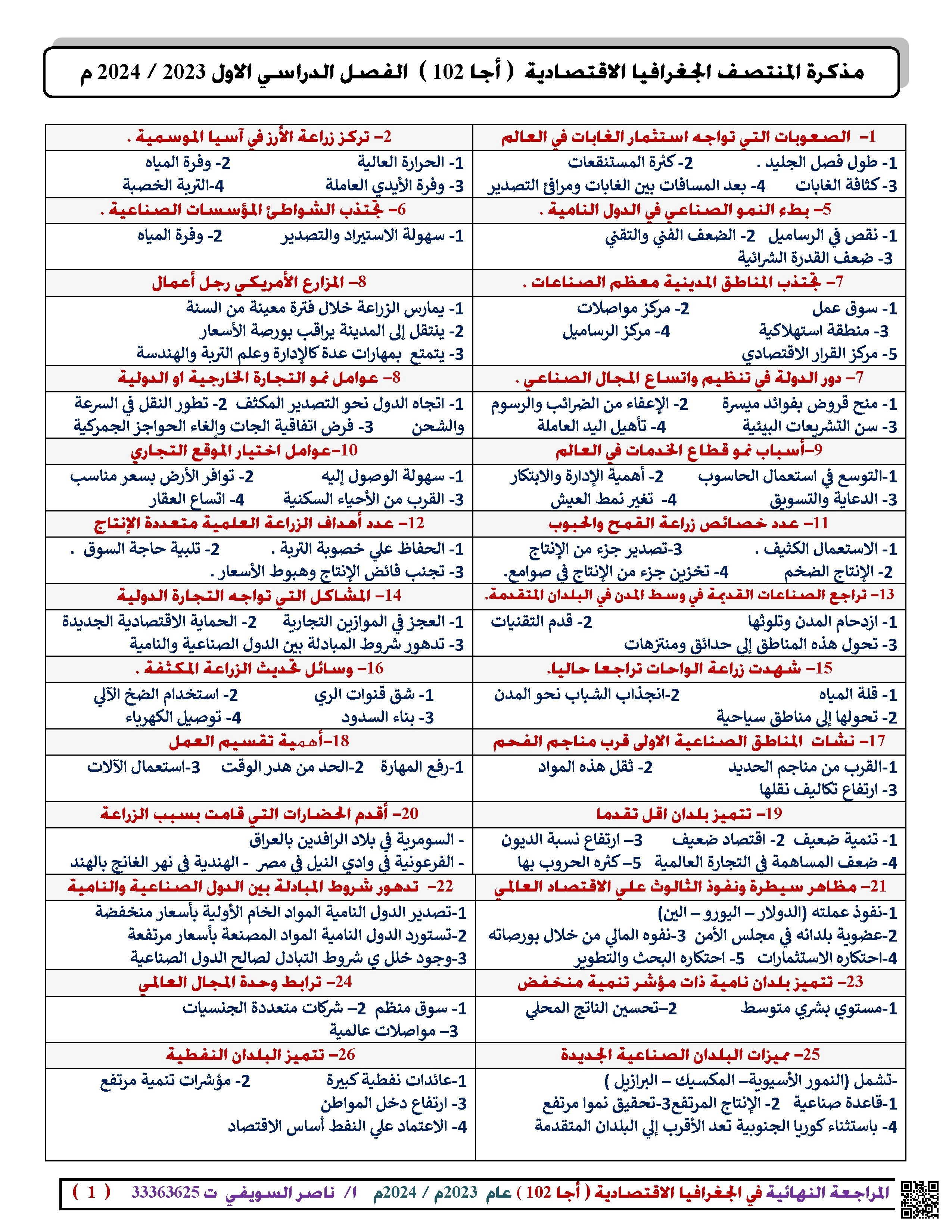 مذكرة المنتصف الجغرافيا الاقتصادية أجا 102 - جغرافيا - الصف الصف الأول الثانوي - الفصل الفصل الثاني
