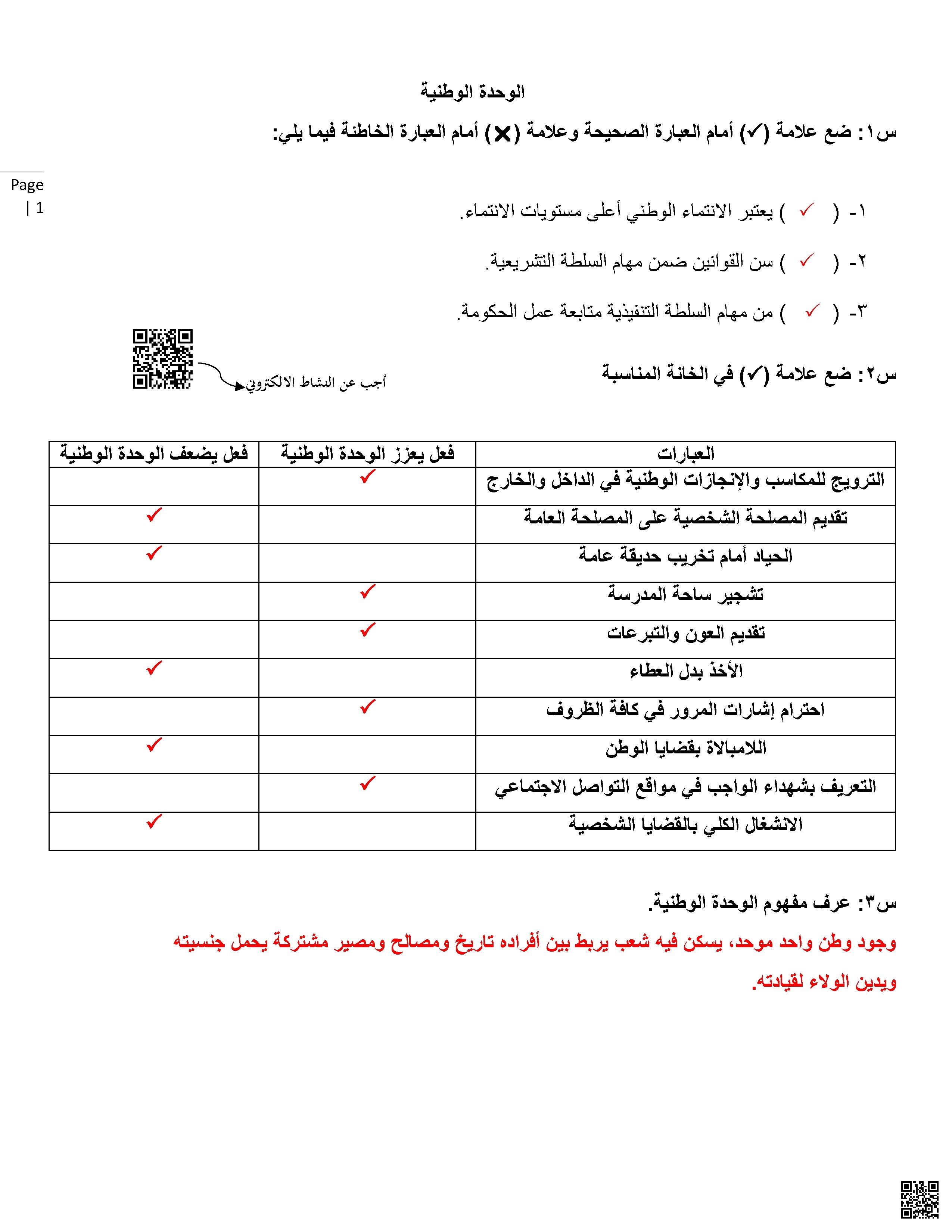  نموذج إجابة مراجعة شاملة للاختبار الأول - تربية للمواطنة - الصف الصف الأول الثانوي - الفصل الفصل الثاني