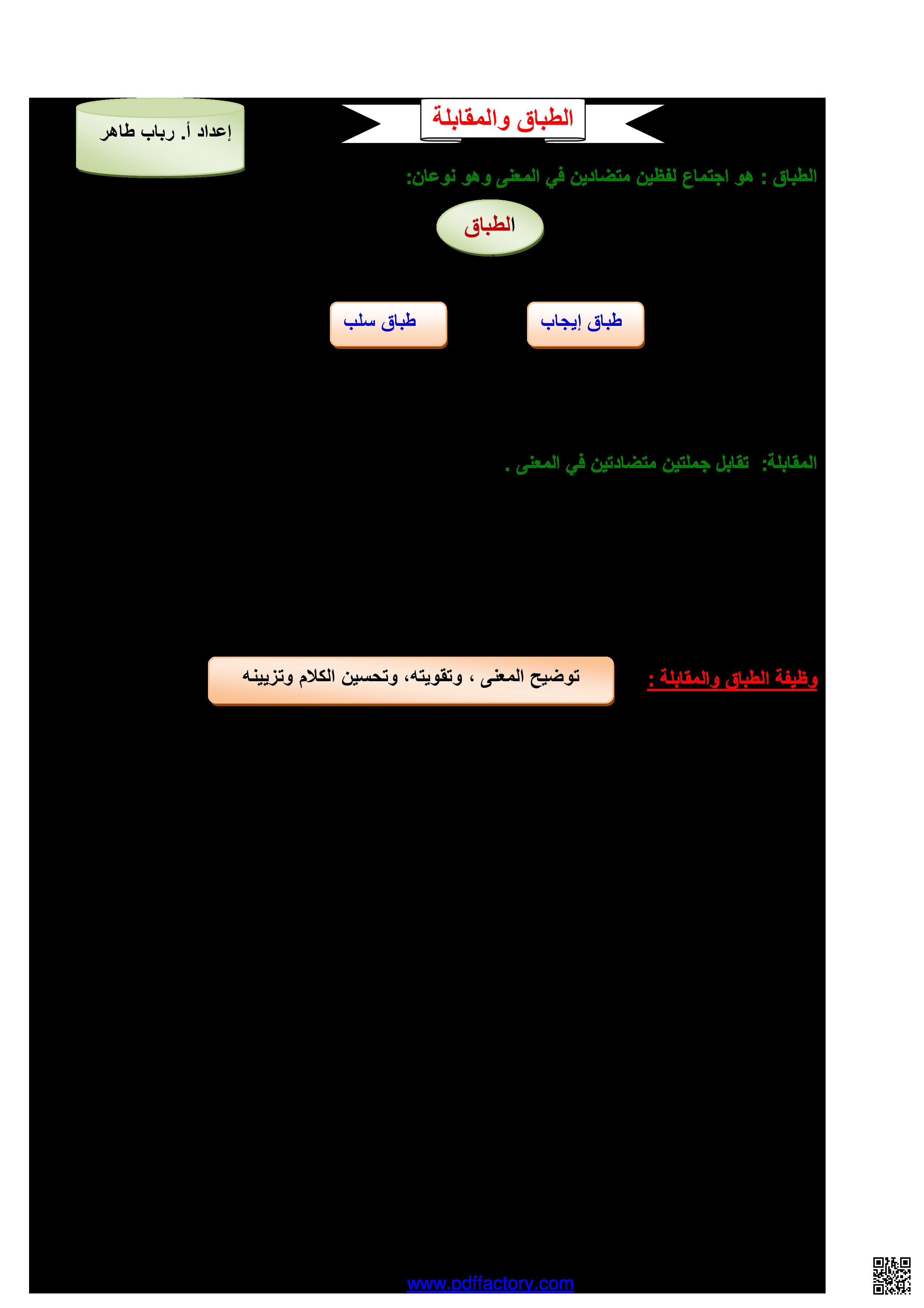 الطباق و المقابلة - لغة عربية - الصف الصف الثاني الثانوي - الفصل الفصل الثاني