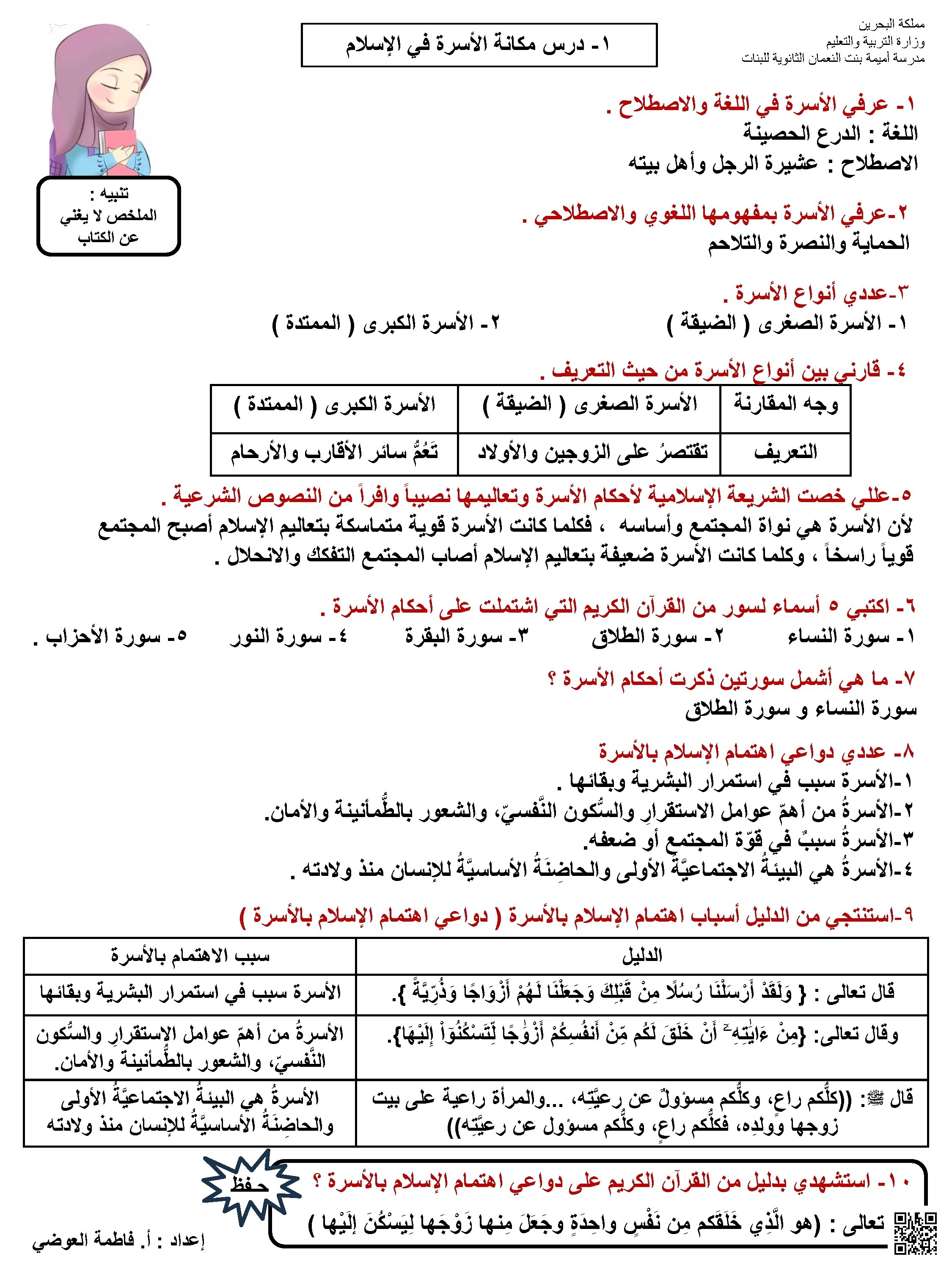 ملخص شامل للتربية الإسلامية - تربية اسلامية - الصف الصف الثاني الثانوي - الفصل الفصل الأول