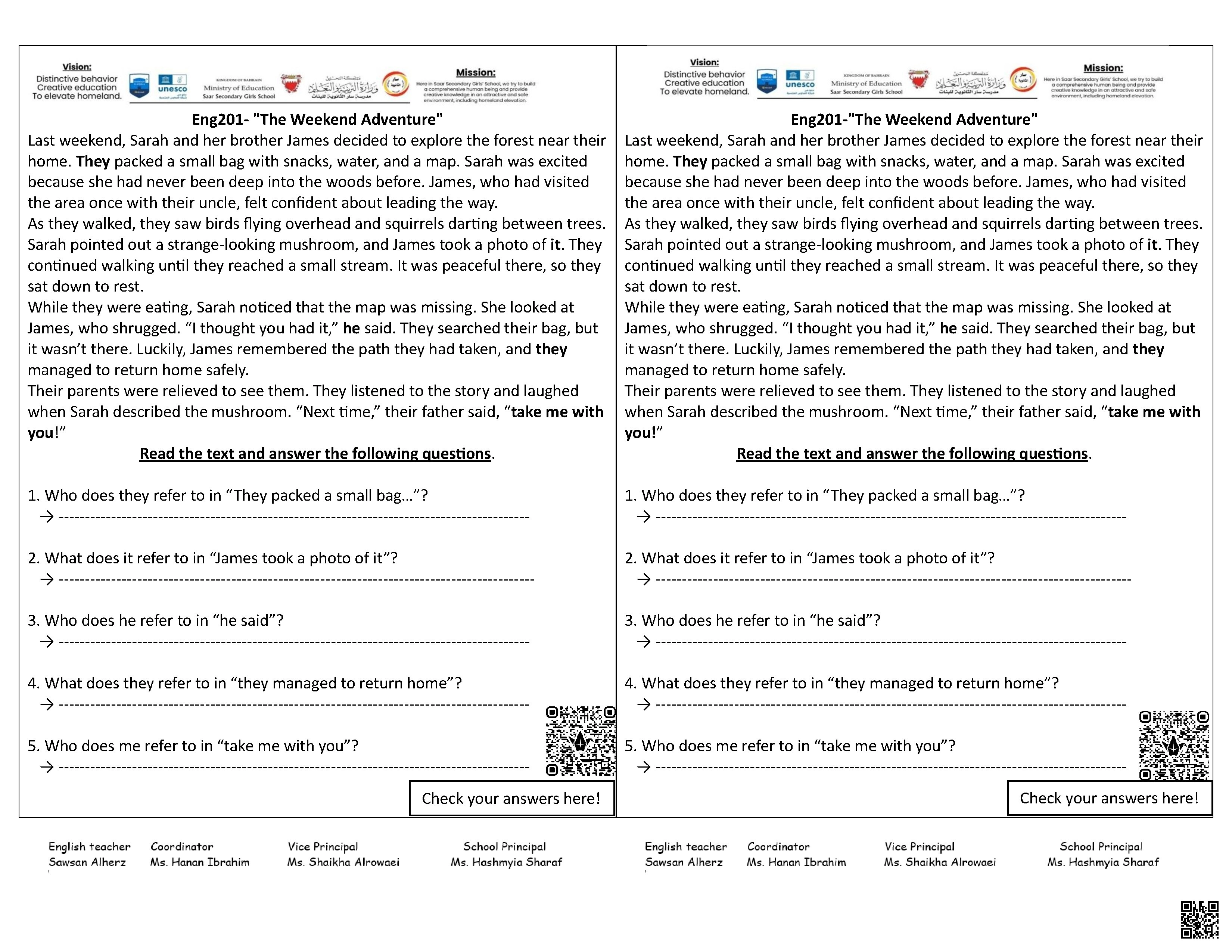 تمارين قراءة و فهم - لغة انجليزية - الصف الصف الثاني الثانوي - الفصل الفصل الأول