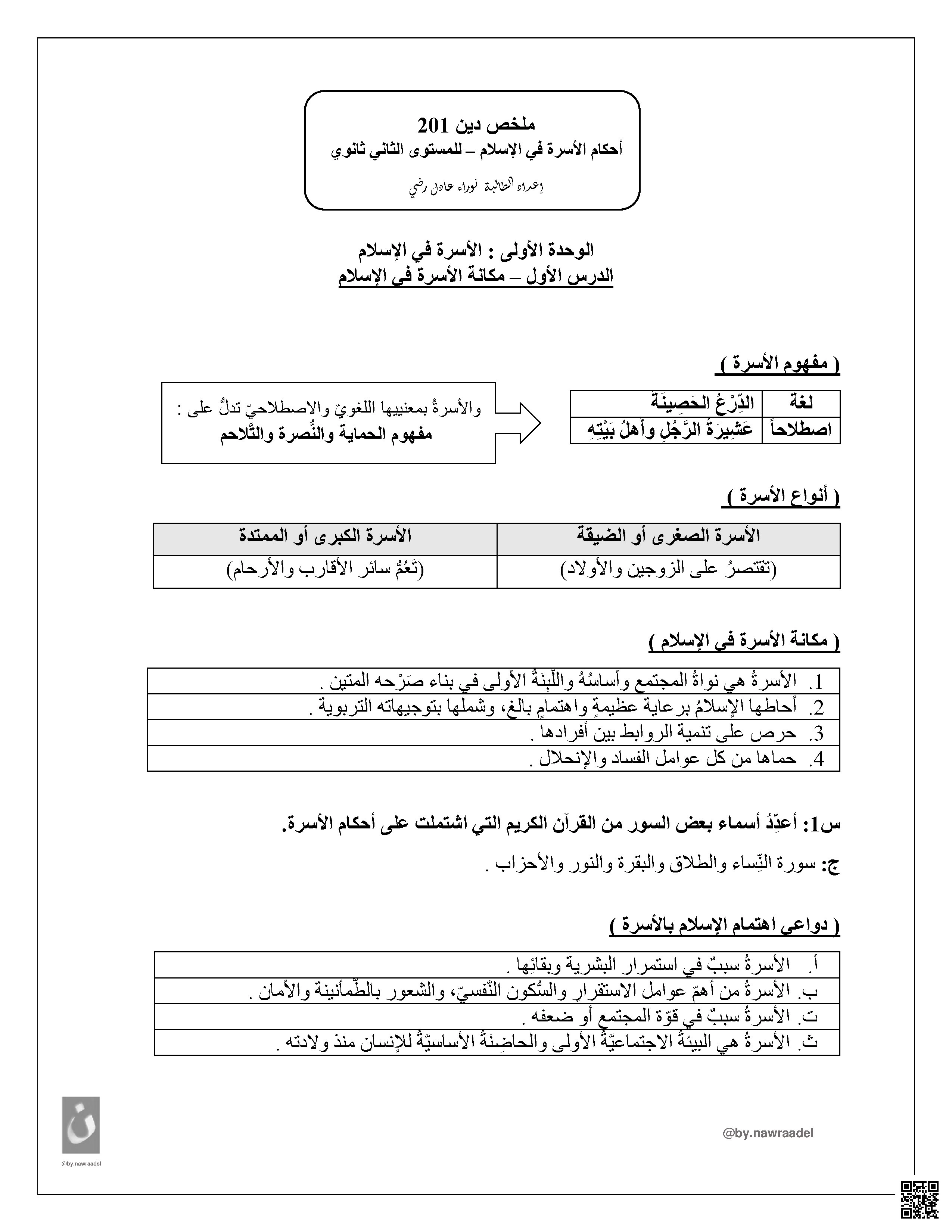ملخص التربية الإسلامية دين 201 - تربية اسلامية - الصف الصف الثاني الثانوي - الفصل الفصل الأول
