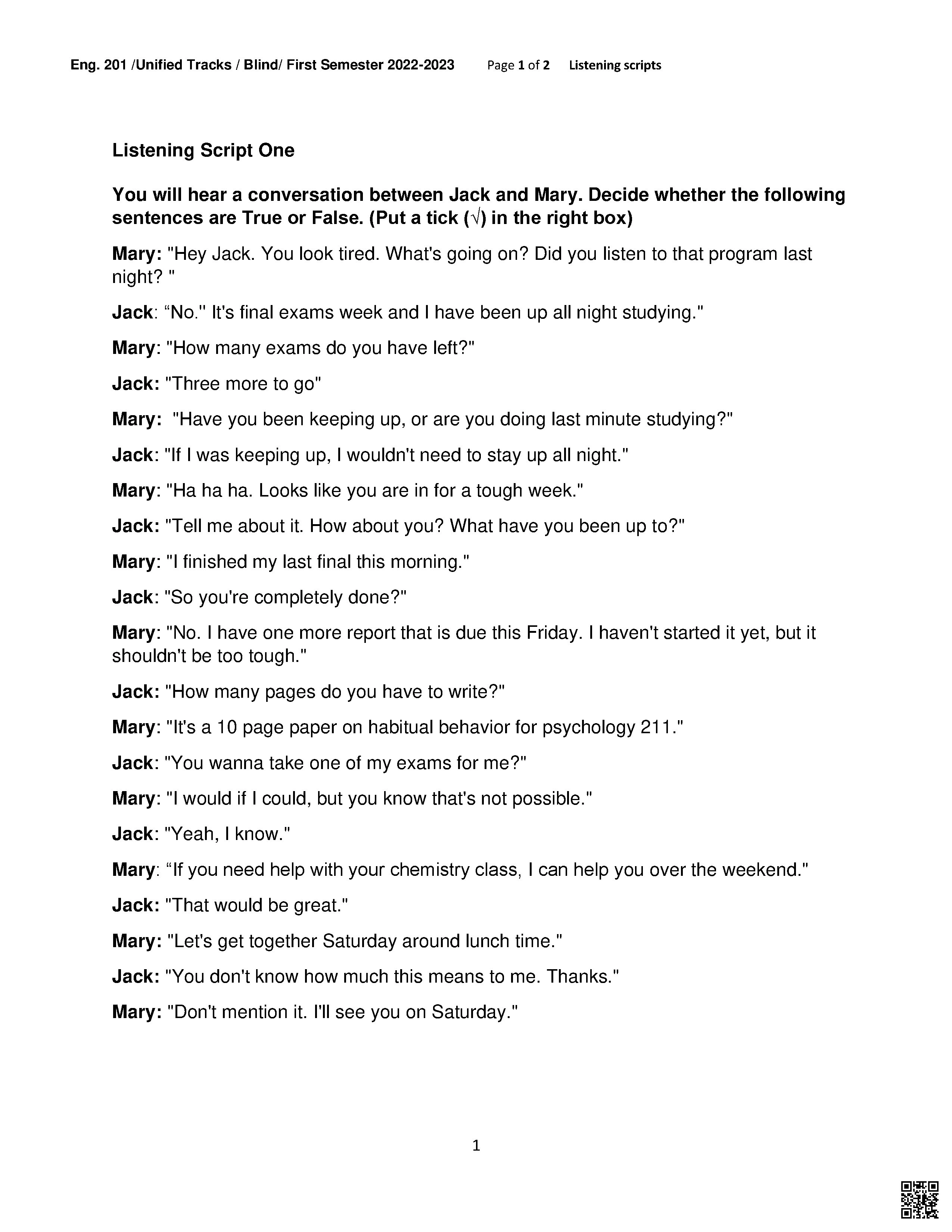 نصوص الاستماع مقرر Eng211 - لغة انجليزية - الصف الصف الثاني الثانوي - الفصل الفصل الأول