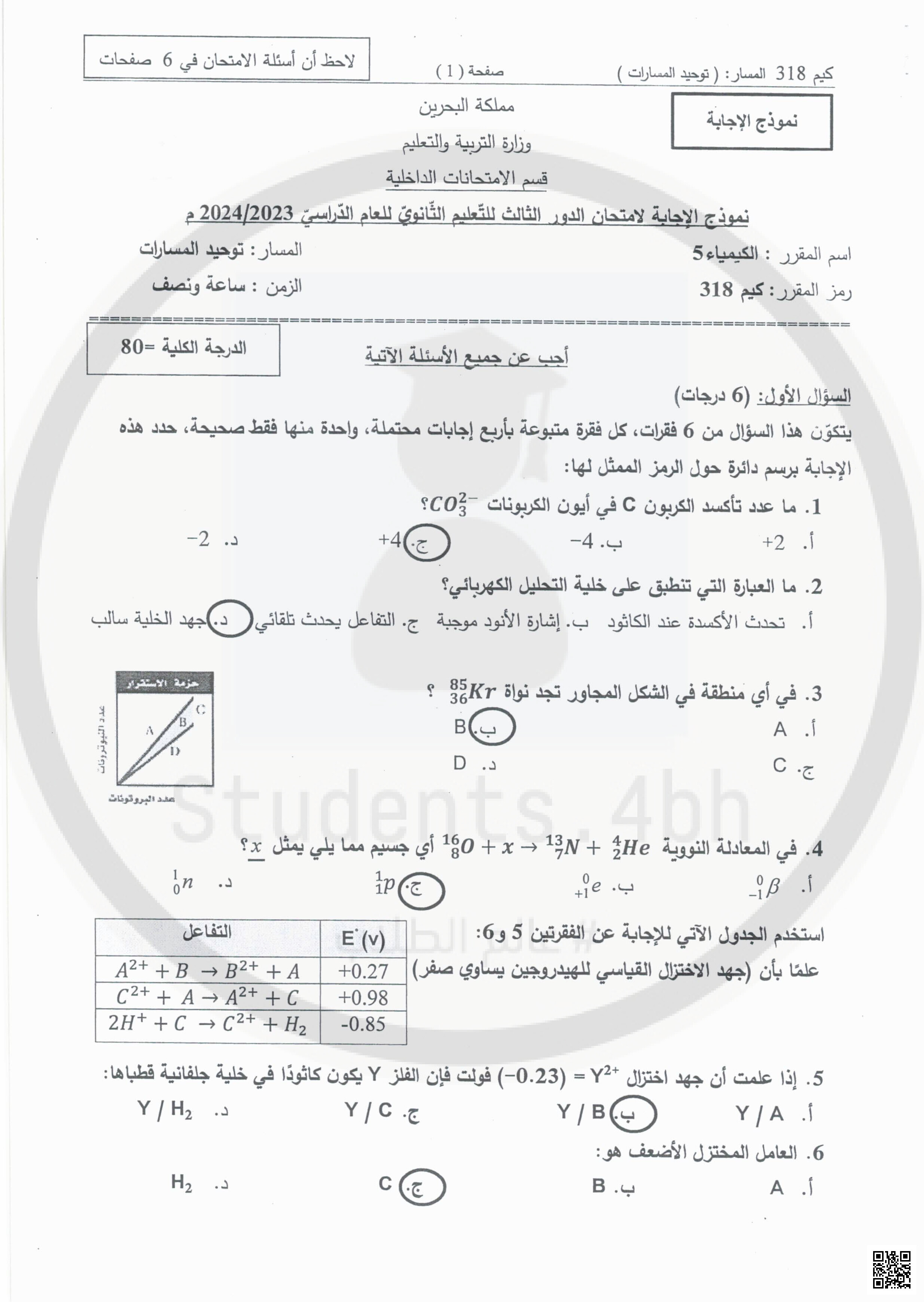نموذج الإجابة لامتحان كيم 318 - كيمياء - الصف الصف الثالث الثانوي - الفصل الفصل الثاني