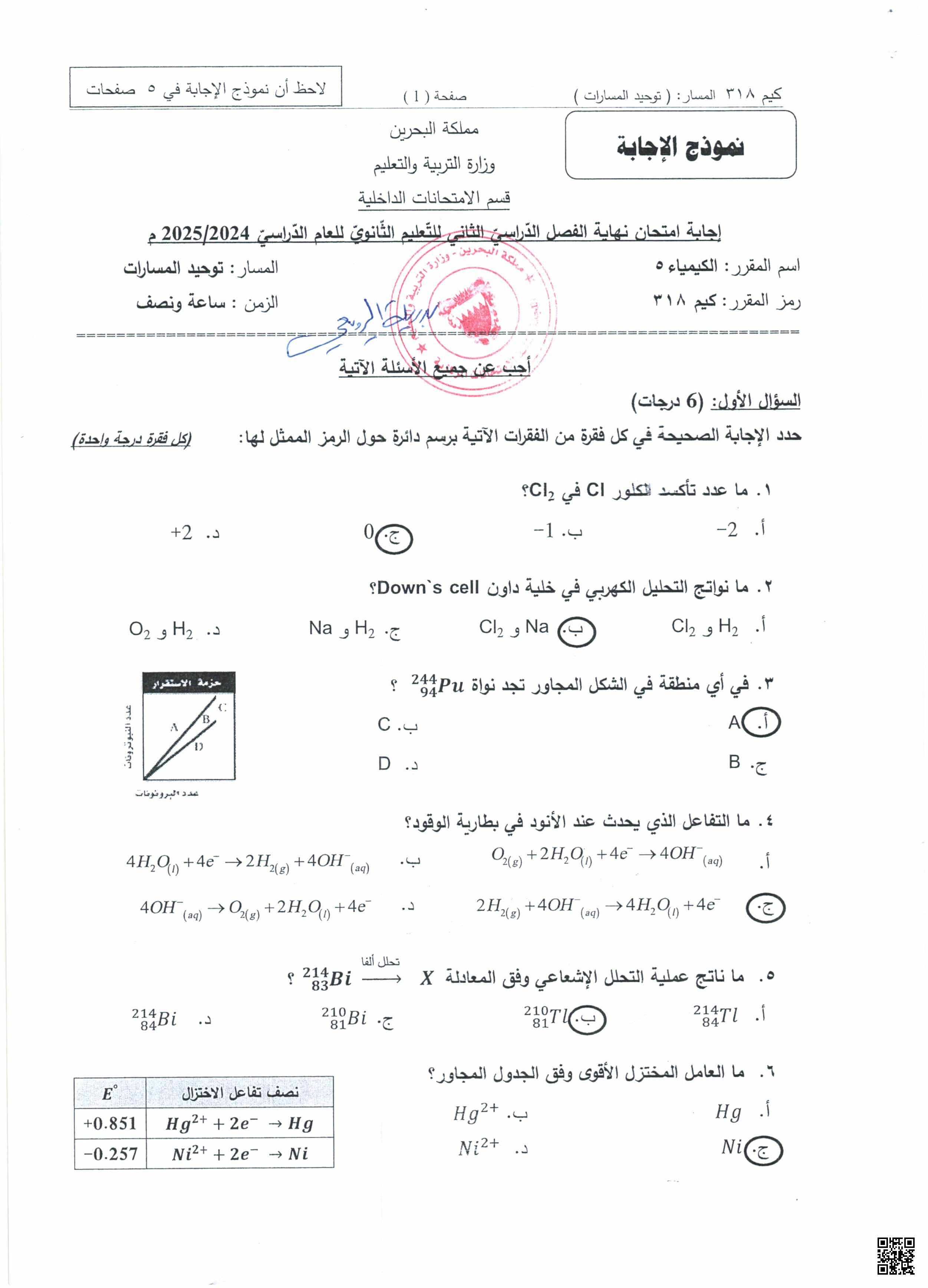 نموذج الإجابة كيم 318 - كيمياء - الصف الصف الثالث الثانوي - الفصل الفصل الثاني