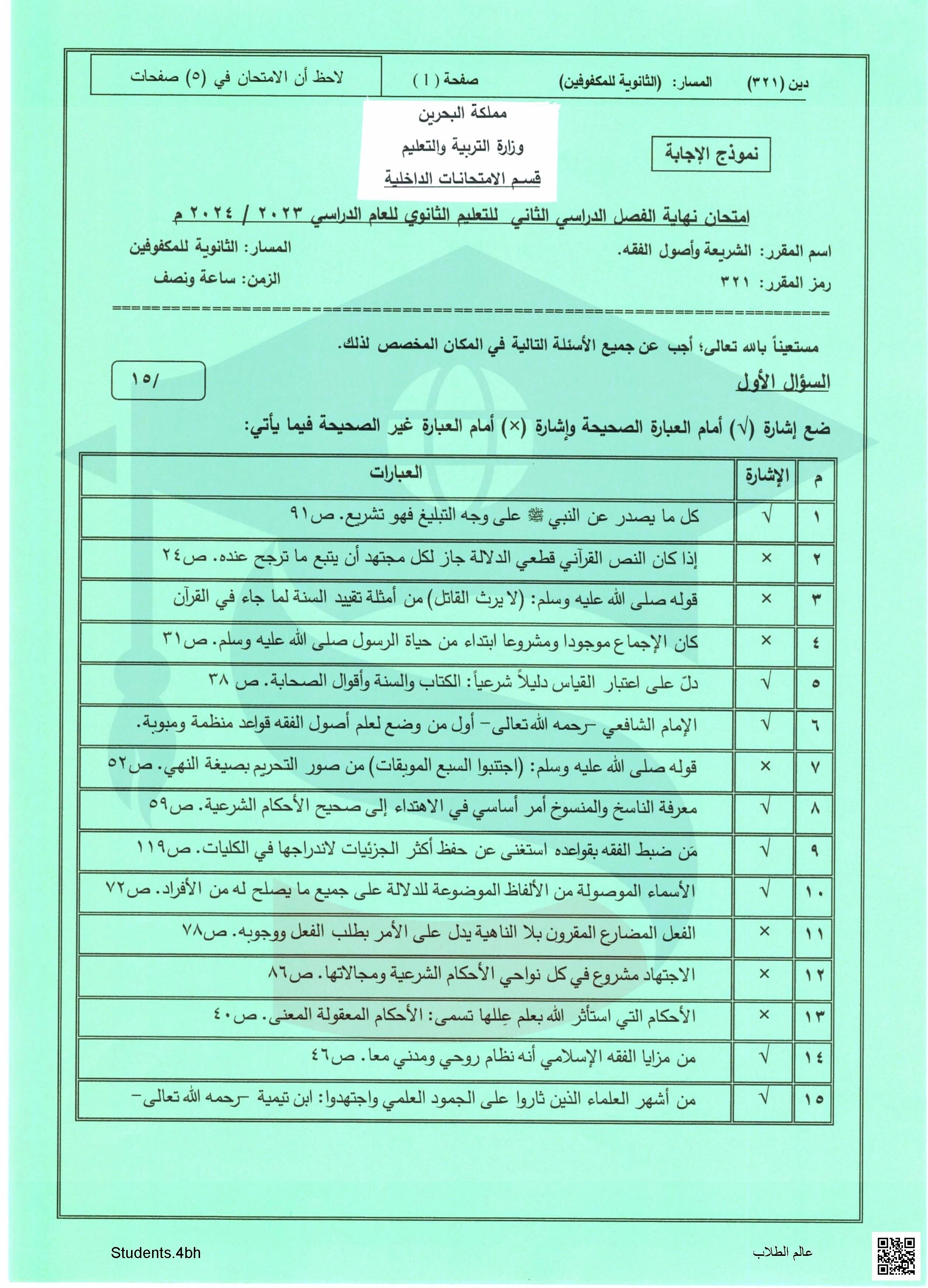 نموذج الإجابة لامتحان نهاية الدور الثاني الثانوية للمكفوفين مقرر 321, مقرر الشريعة و أصول الفقه - تربية اسلامية - الصف الصف الثالث الثانوي - الفصل الفصل الثاني