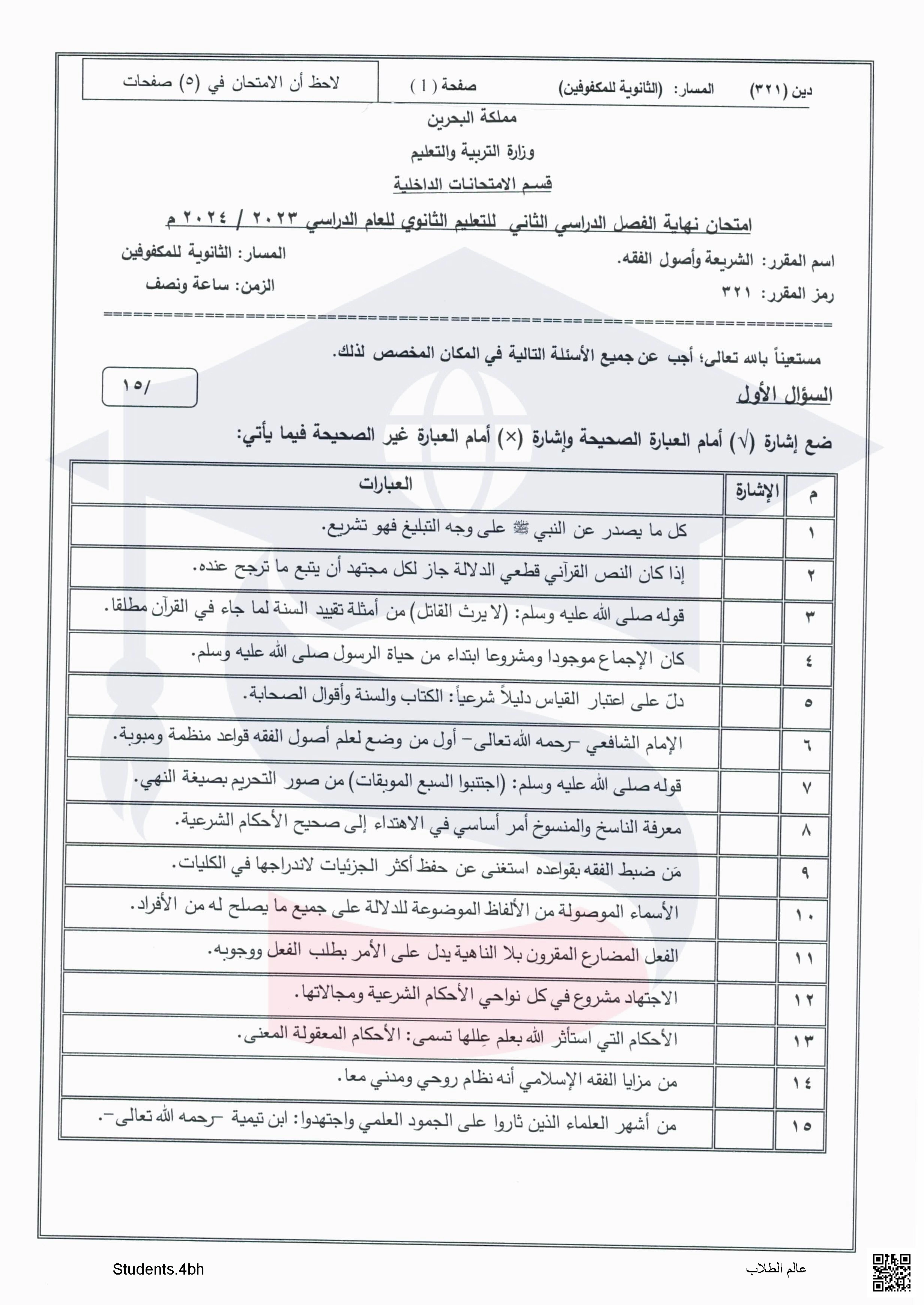 نموذج الأسئلة لامتحان نهاية الدور الثاني الثانوية للمكفوفين مقرر 321, مقرر الشريعة و أصول الفقه - تربية اسلامية - الصف الصف الثالث الثانوي - الفصل الفصل الثاني