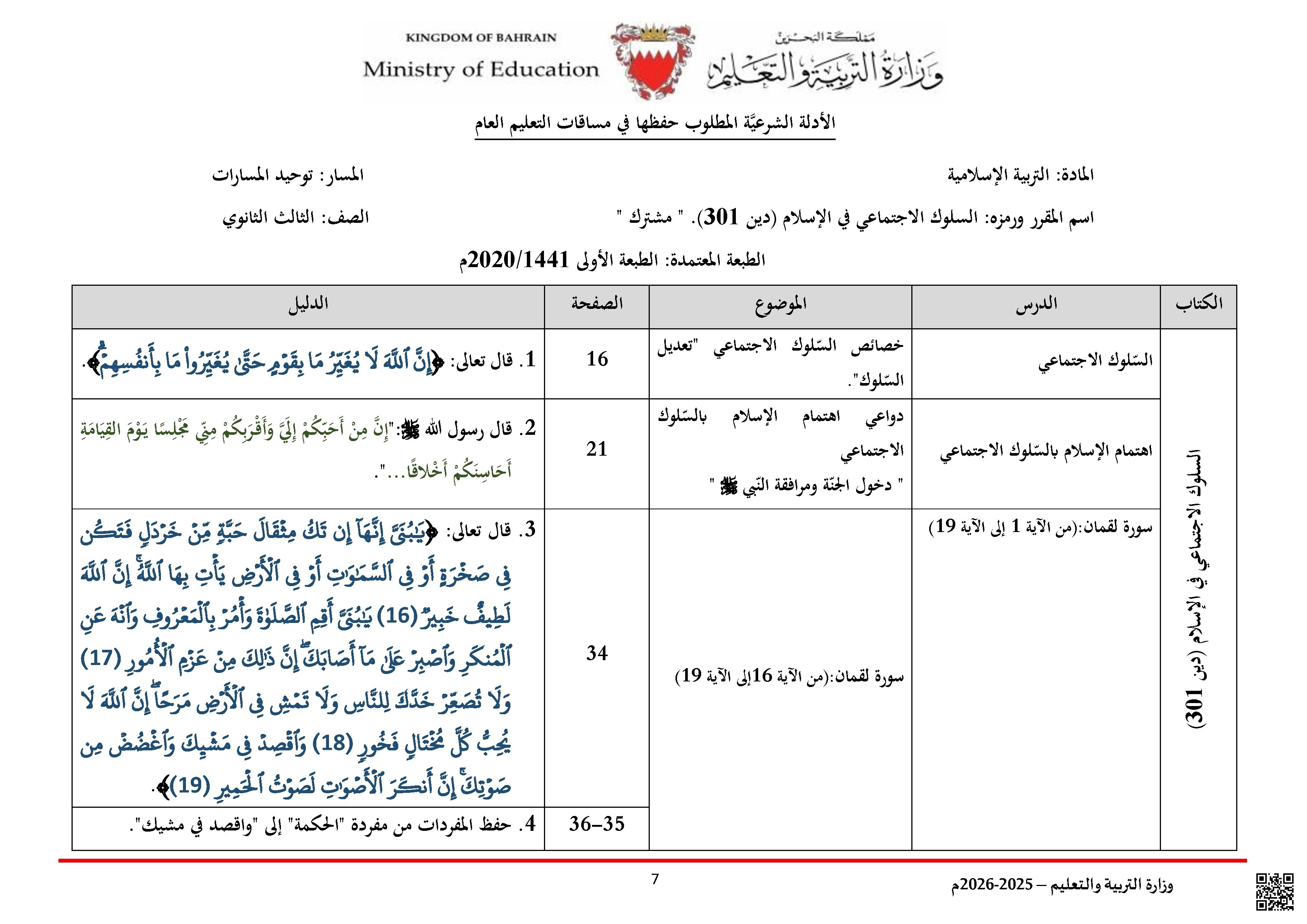 الخطة الدرسية و الدروس المقررة لمقرر السلوك الاجتماعي في الإسلام دين 301 - تربية اسلامية - الصف الصف الثالث الثانوي - الفصل الفصل الأول