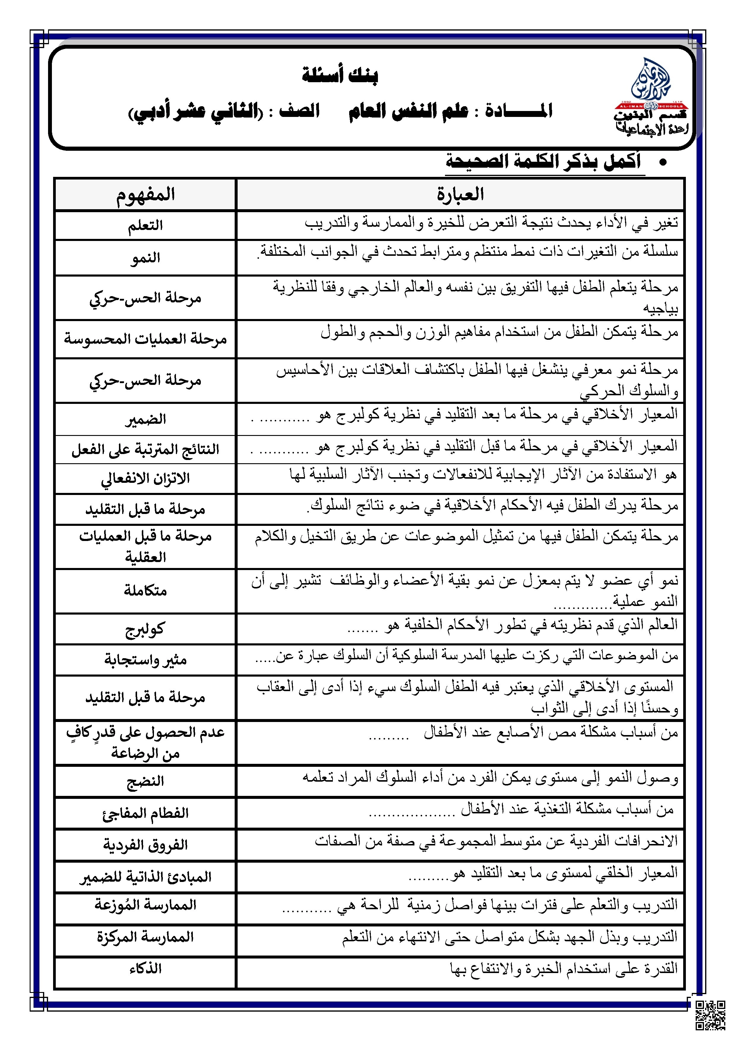 بنك أسئلة و نموذج إجابة لمادة علم النفس العام الفرع الأدبي - إنسانيات - الصف الصف الثالث الثانوي - الفصل الفصل الأول