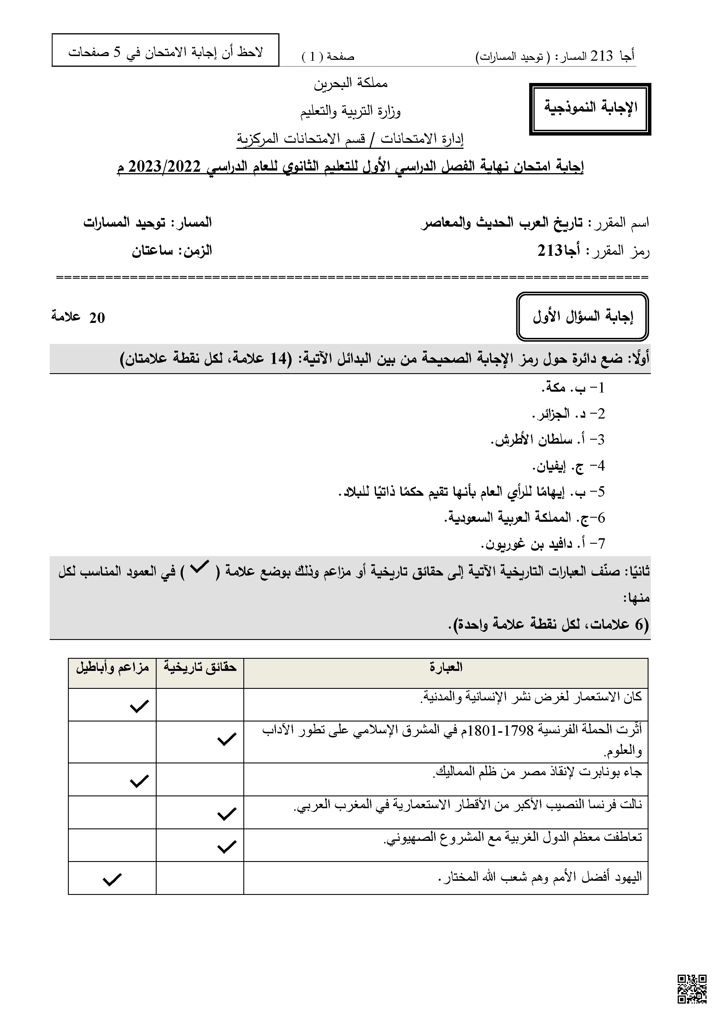 إجابة امتحان أجا 213 تاريخ العرب الحديث والمعاصر 2022-2023م