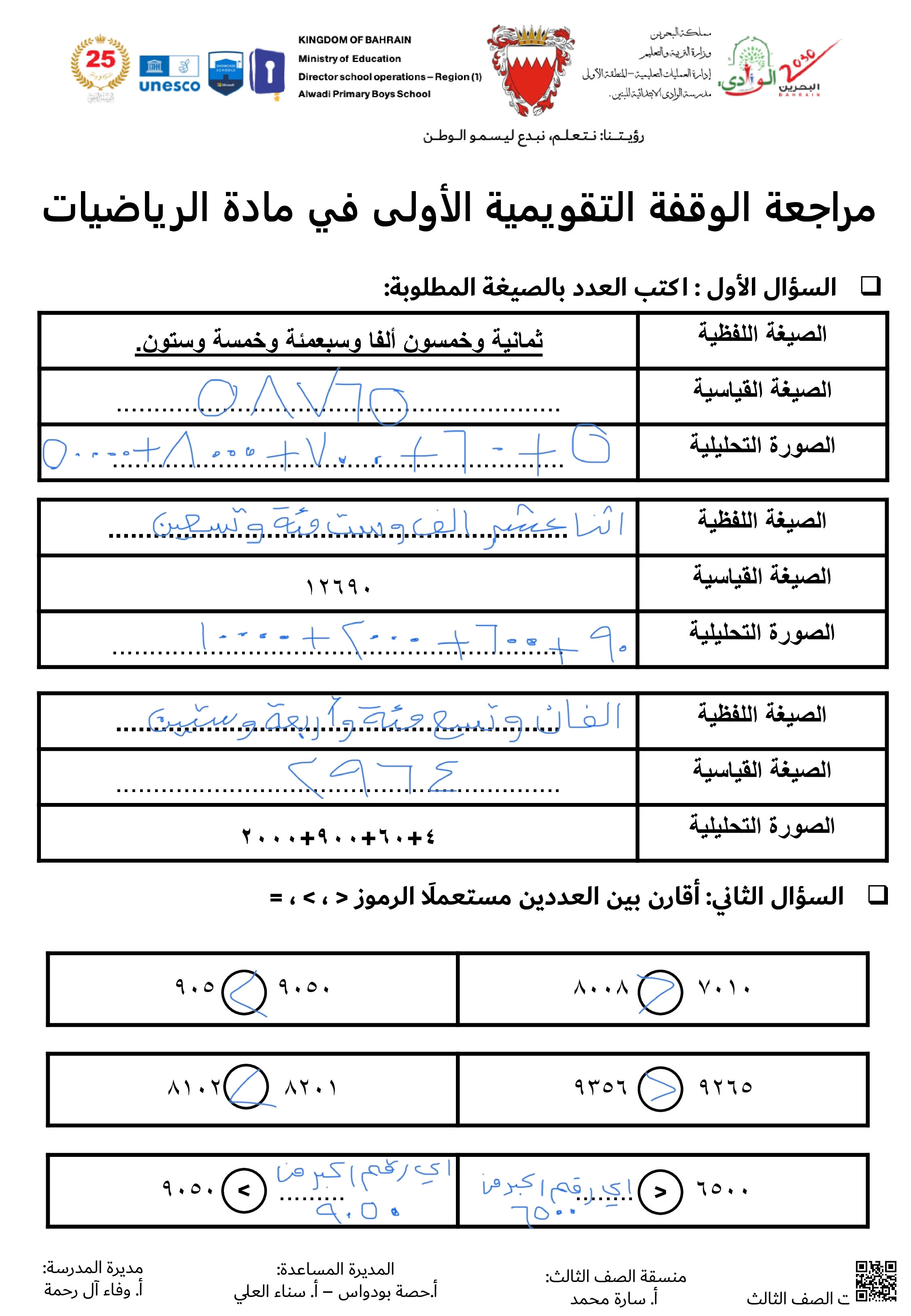 مراجعة الوقغة التقويمية الأولى في مادة الرياضيات، مراجعة الاختبار الأول - رياضيات - الصف الصف الثاني - الفصل الفصل الثاني