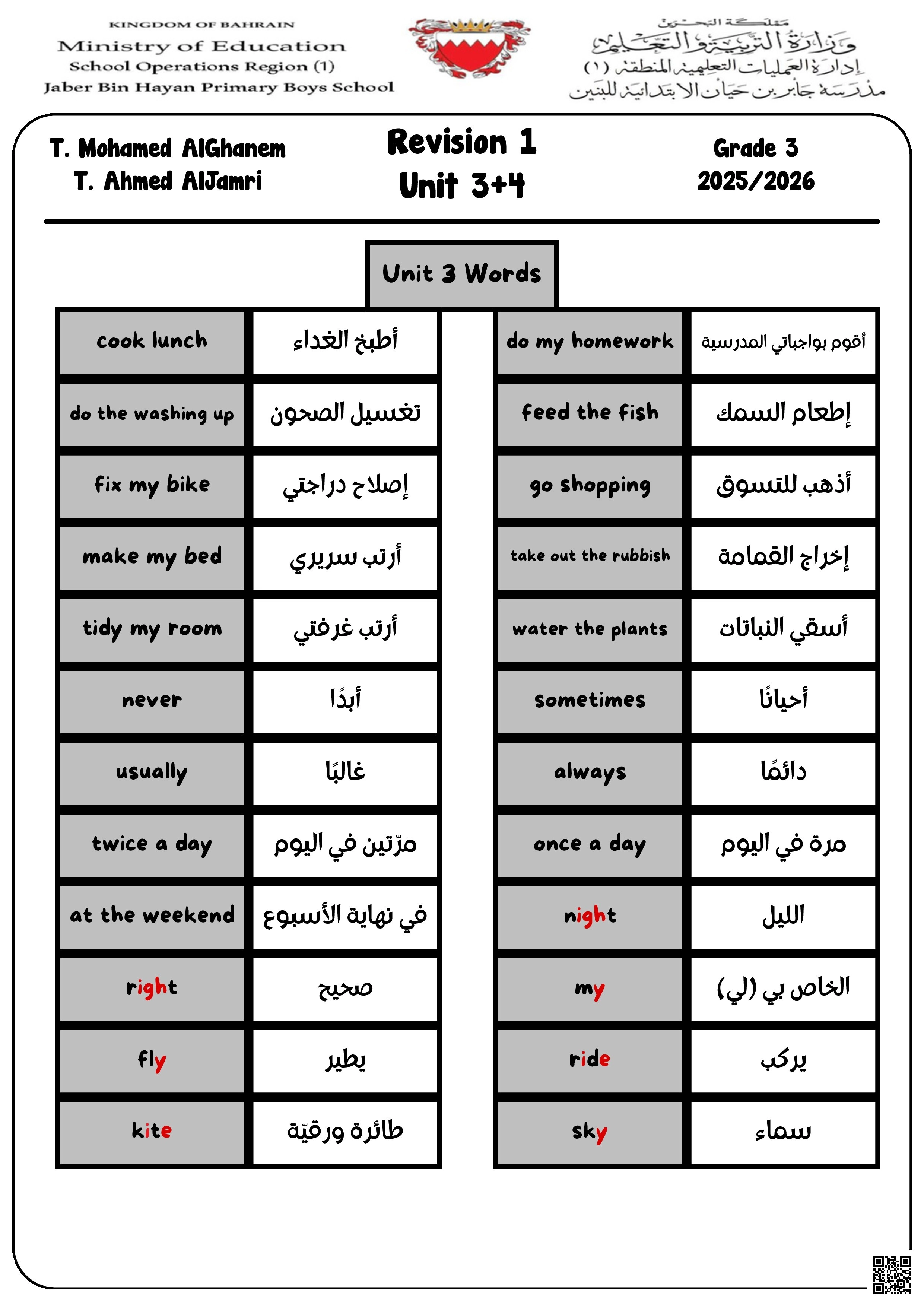 مراجعة الوحدتين الثالثة و الرابعة - لغة انجليزية - الصف الصف الثالث - الفصل الفصل الثاني
