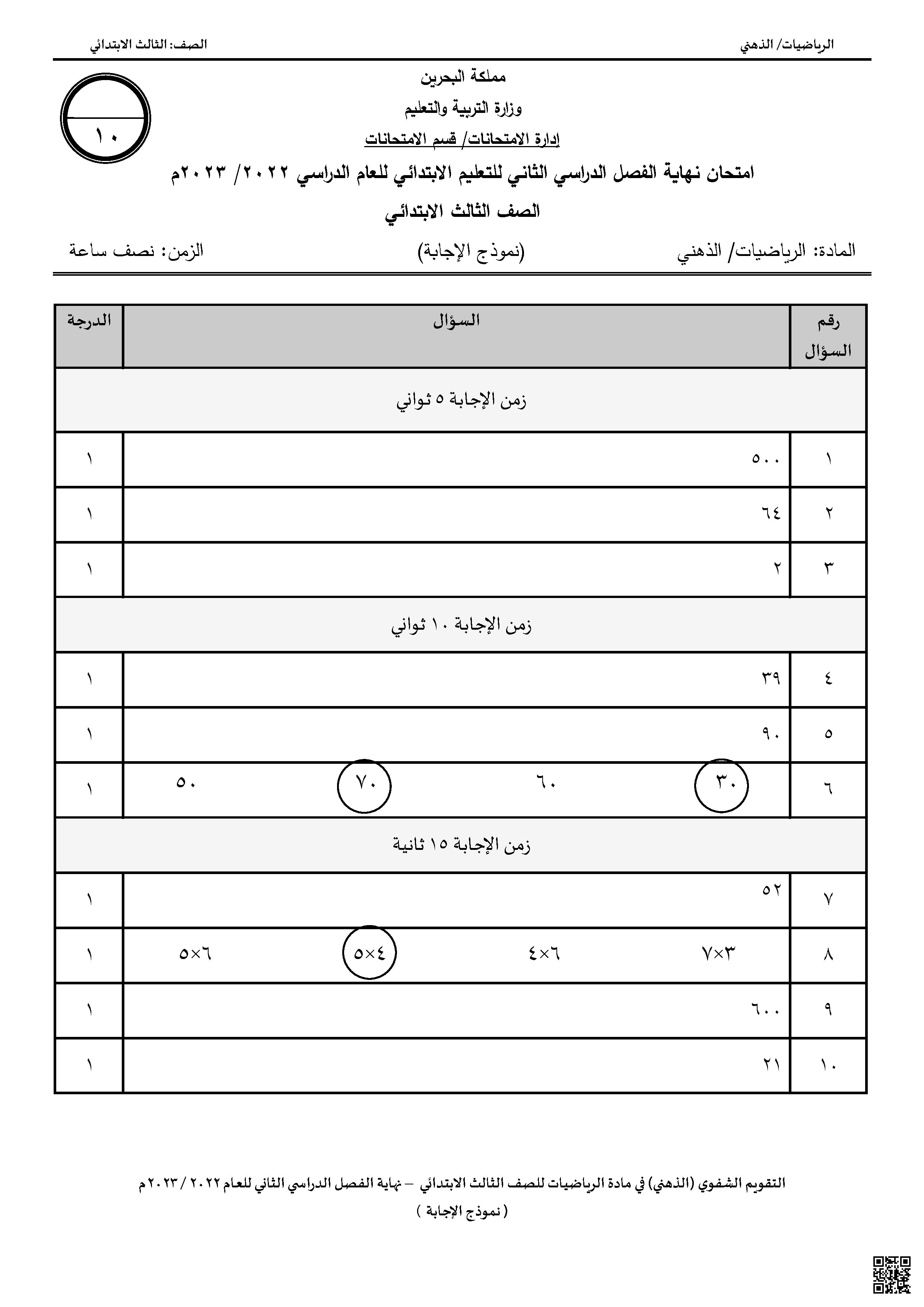  إجابة الامتحان الذهني نهاية الفصل 2022-2023م - رياضيات - الصف الصف الثالث - الفصل الفصل الثاني