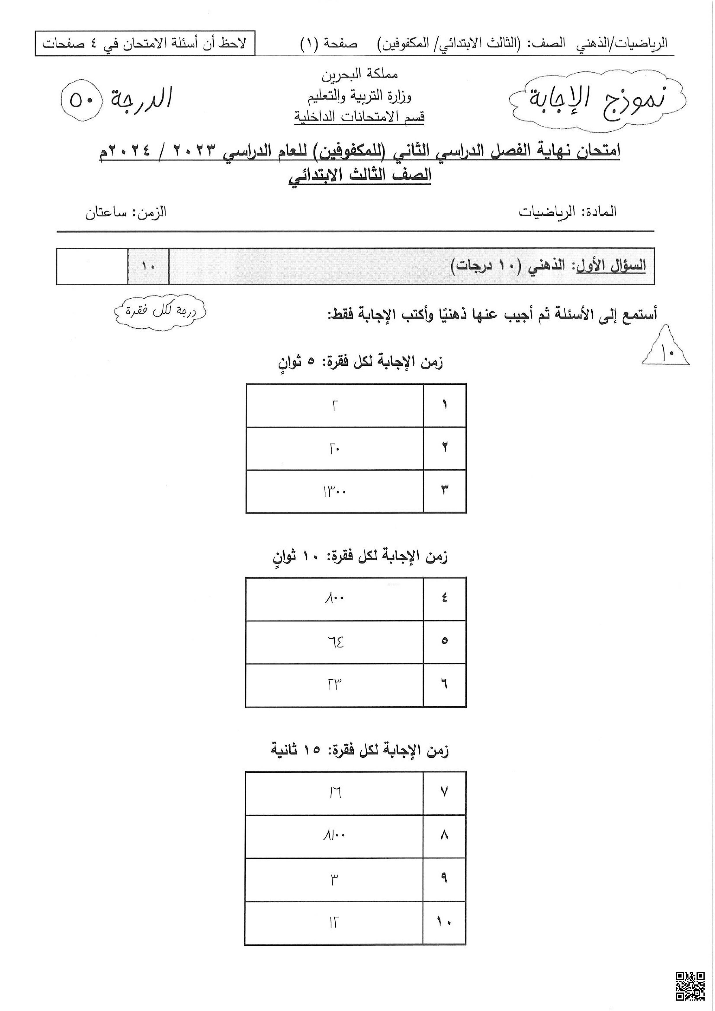 إجابة امتحان تحريري لنهاية الفصل للمكفوفين 2023-2024م - رياضيات - الصف الصف الثالث - الفصل الفصل الثاني