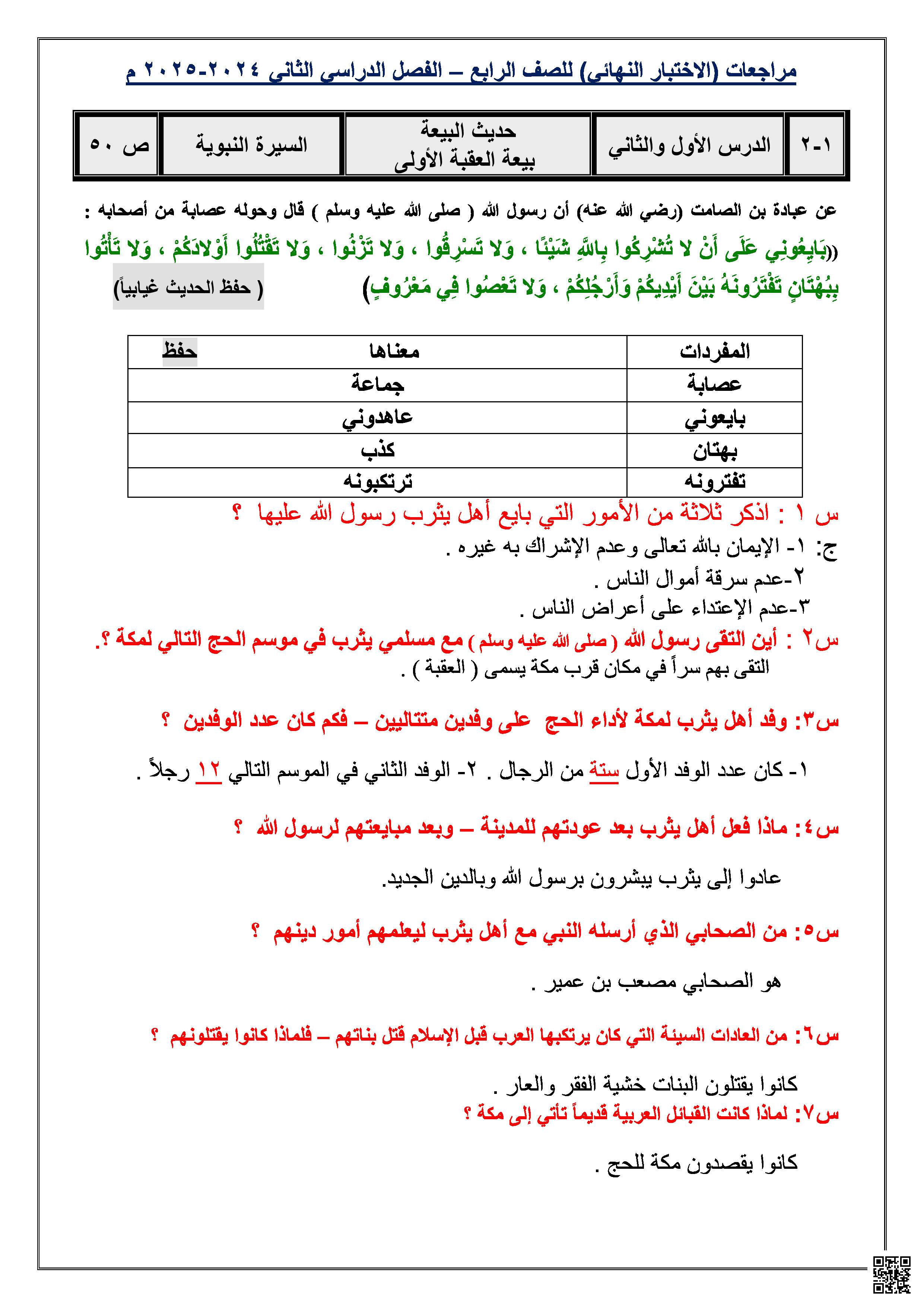 مراجعة الاختبار النهائي التربية الإسلامية - تربية اسلامية - الصف الصف الرابع - الفصل الفصل الثاني