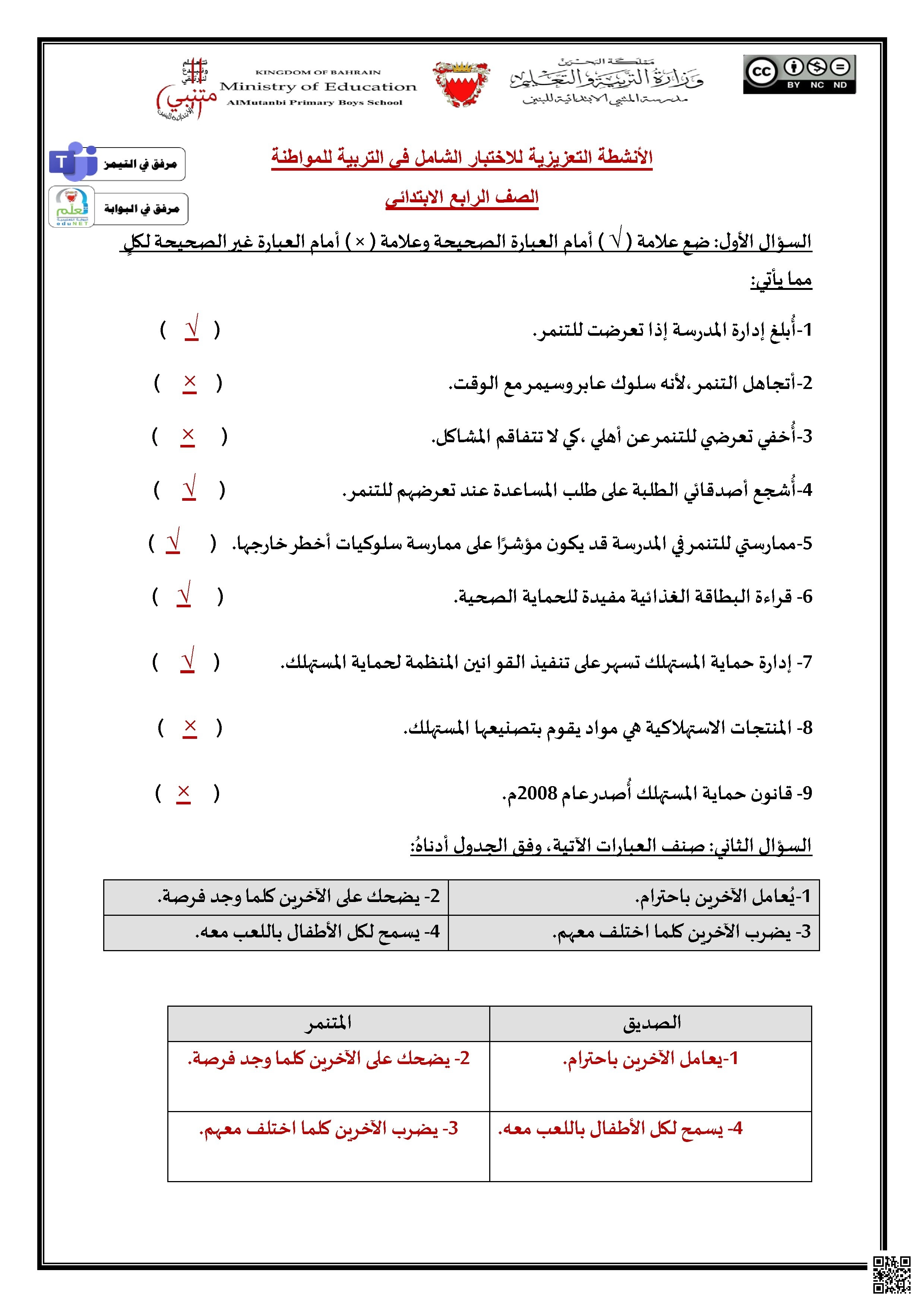 مراجعة أولى الأنشطة التعزيزية للاختبار الشامل