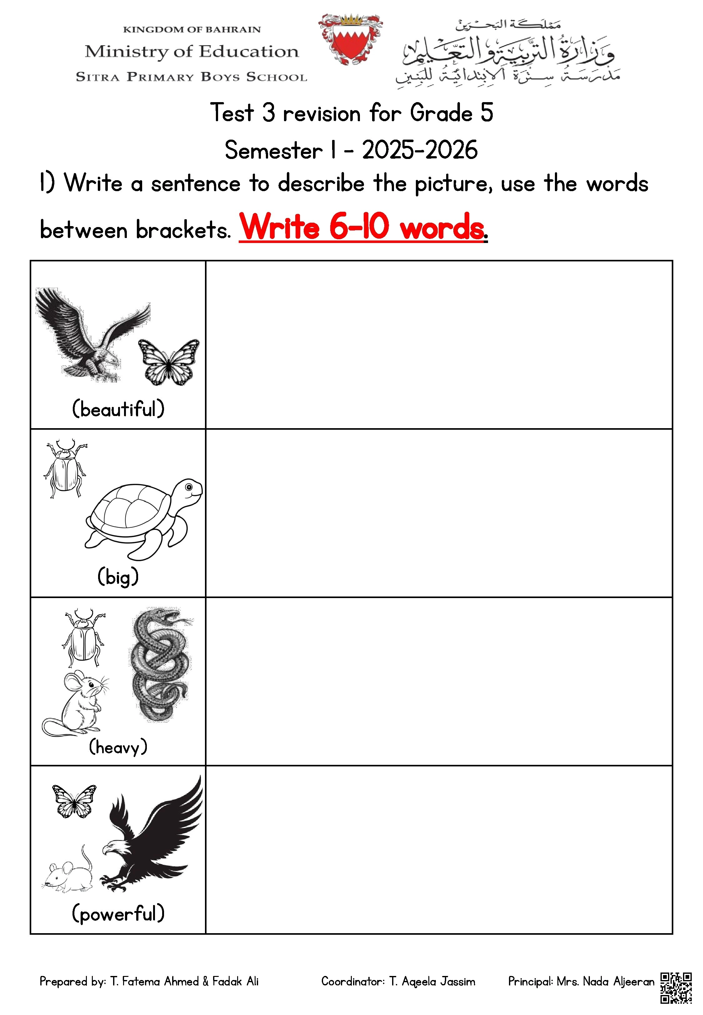 مراجعة الاختبار الثالث في اللغة الإنجليزية - لغة انجليزية - الصف الصف الخامس - الفصل الفصل الأول
