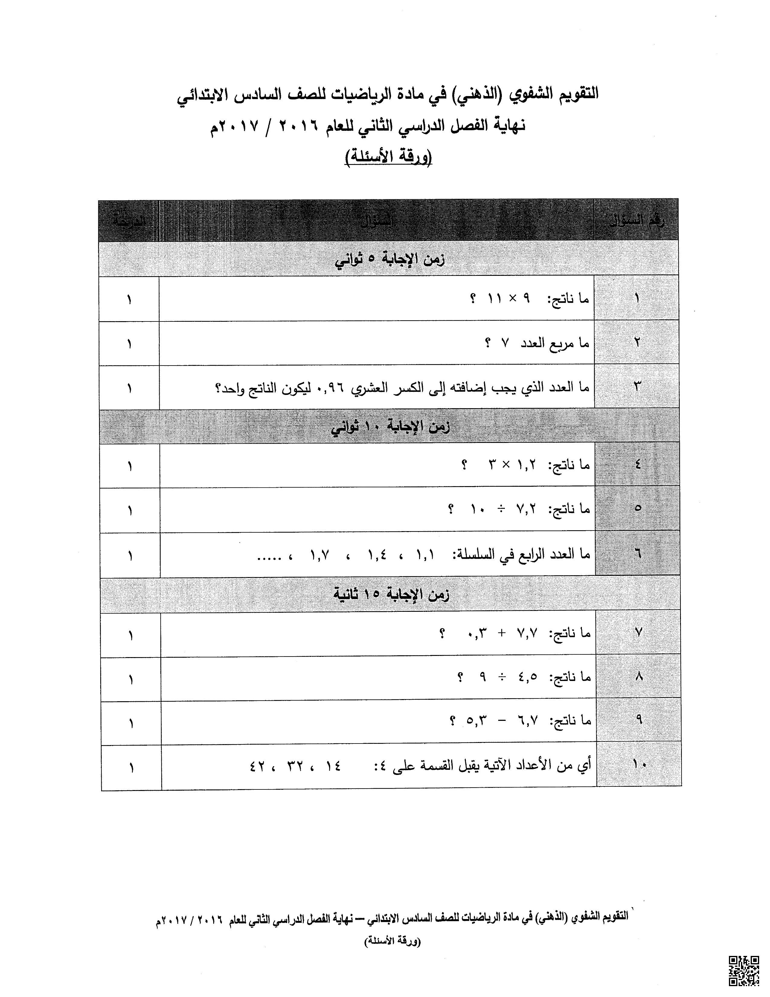 الامتحان الذهني امتحان نهاية الفصل الثاني - رياضيات - الصف الصف السادس - الفصل الفصل الثاني