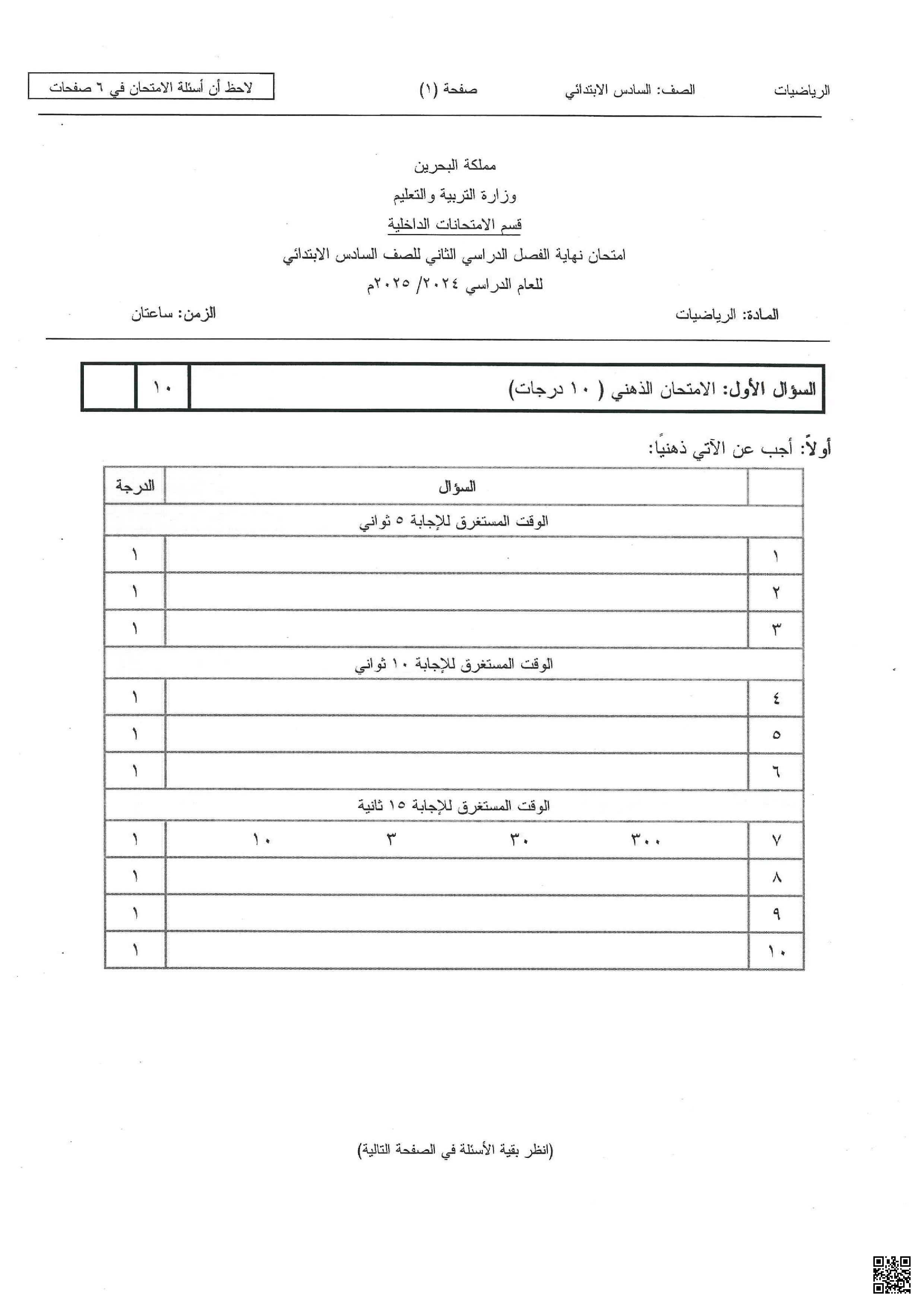 نموذج اختبار أسئلة متنوعة في الحساب الذهني والتناسب والهندسة