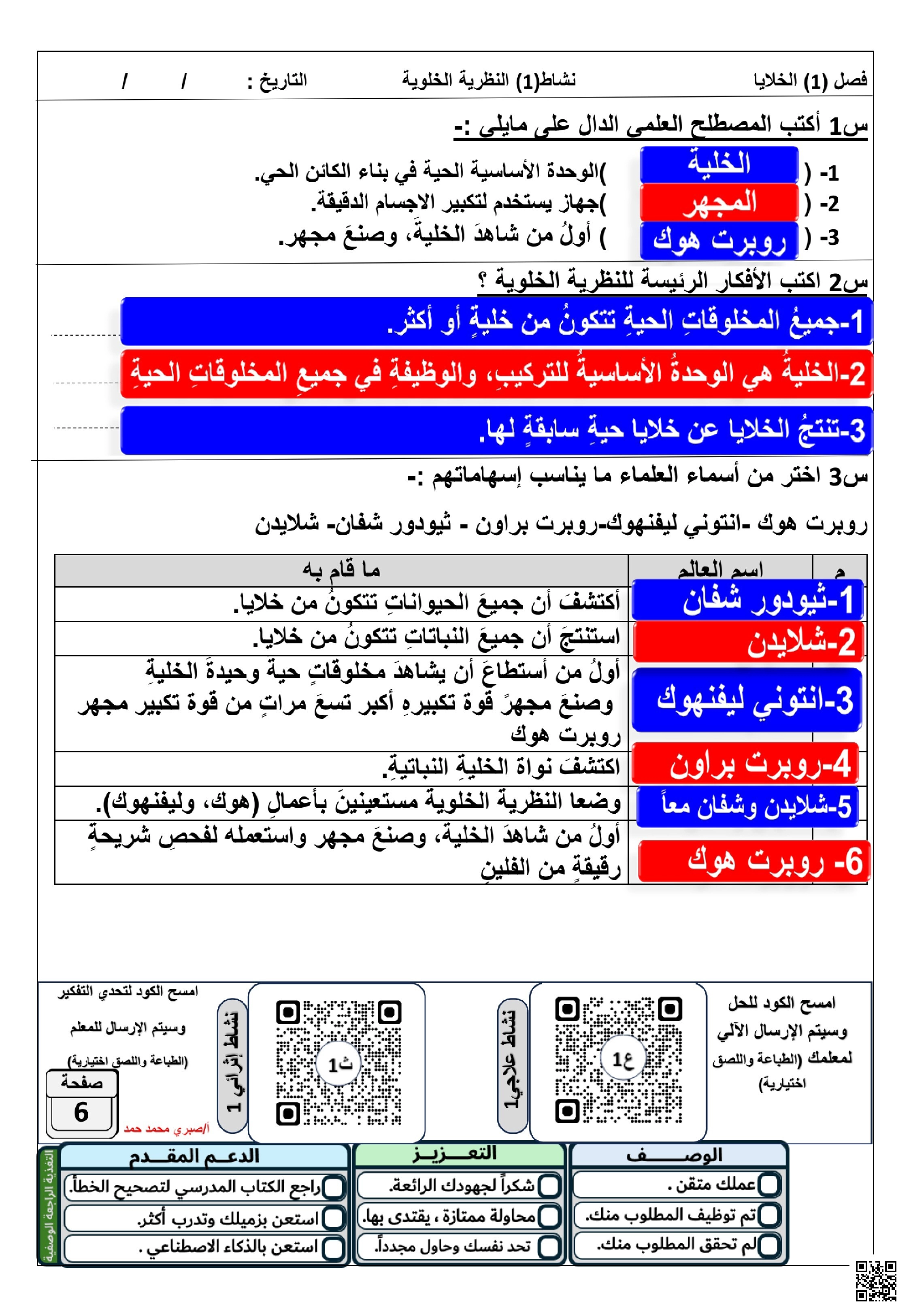 أوراق عمل نشاط النظرية الخلوية
