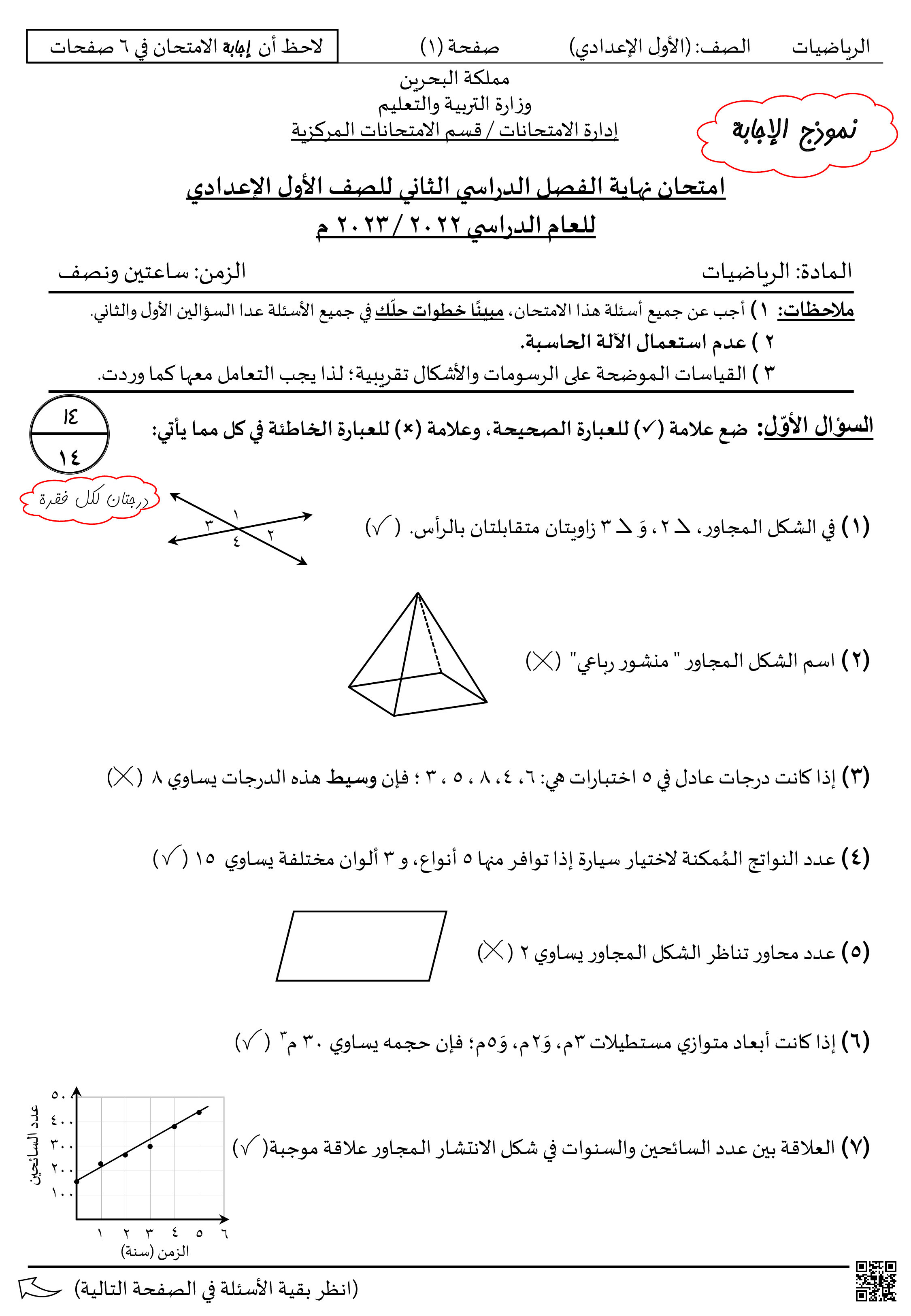 نموذج إجابة لامتحان نهاية الفصل الثاني - رياضيات - الصف الصف السابع - الفصل الفصل الثاني