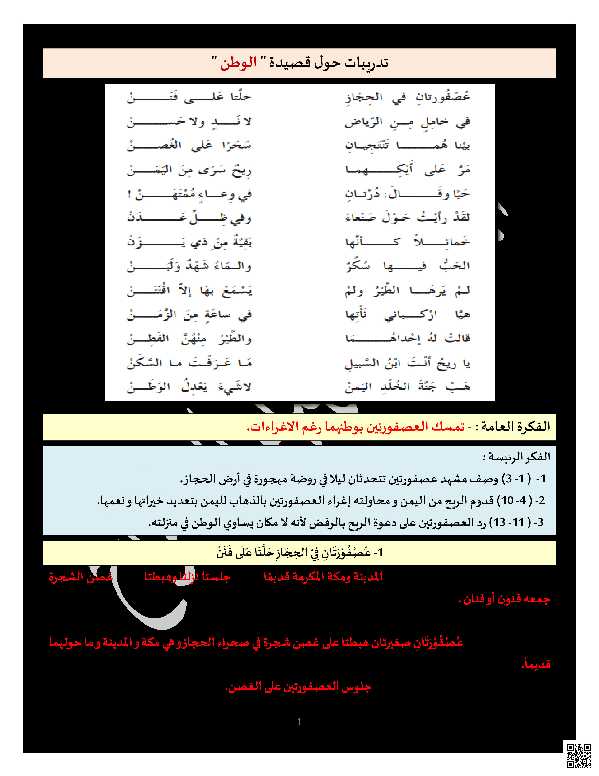 تدريبات حول قصيدة الوطن - لغة عربية - الصف الصف السابع - الفصل الفصل الثاني