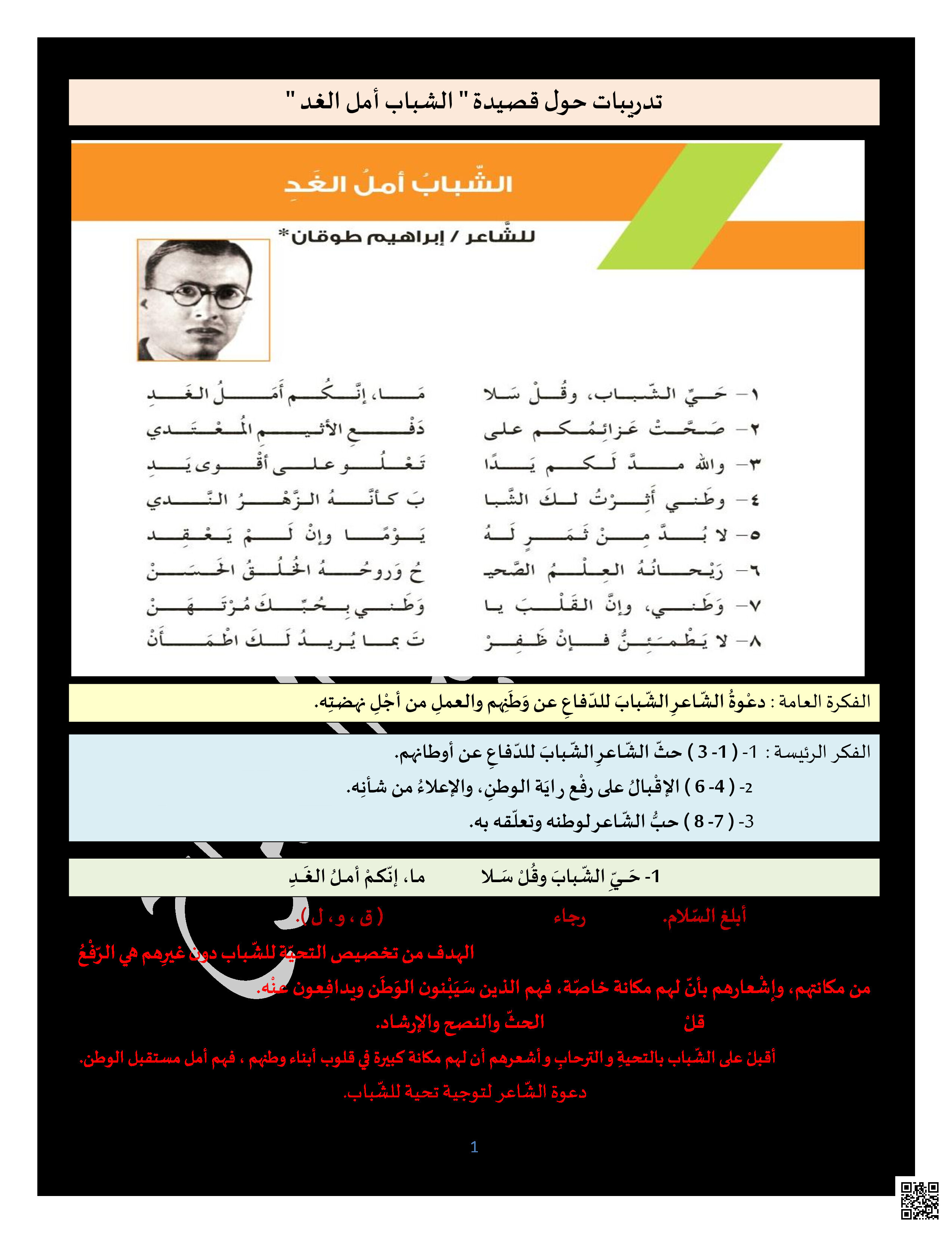 تدريبات حول قصيدة الشباب أمل الغد - لغة عربية - الصف الصف السابع - الفصل الفصل الثاني