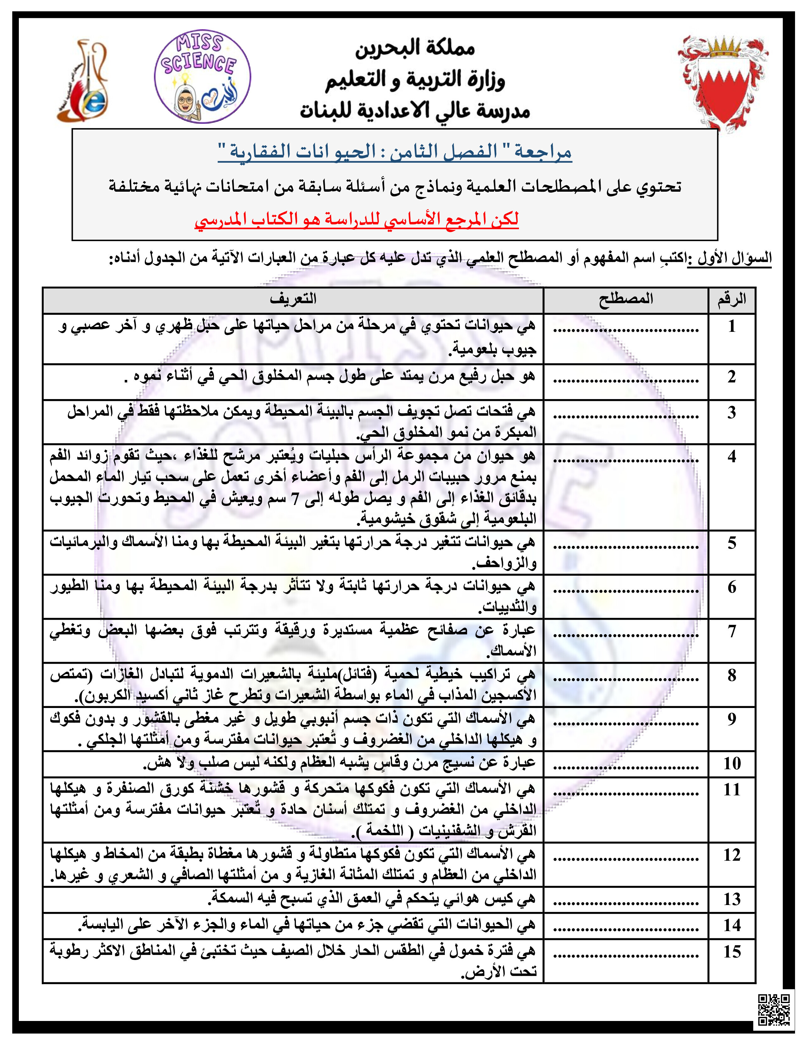 مراجعة الفصل الثامن الحيوانات الفقارية - علوم - الصف الصف السابع - الفصل الفصل الثاني