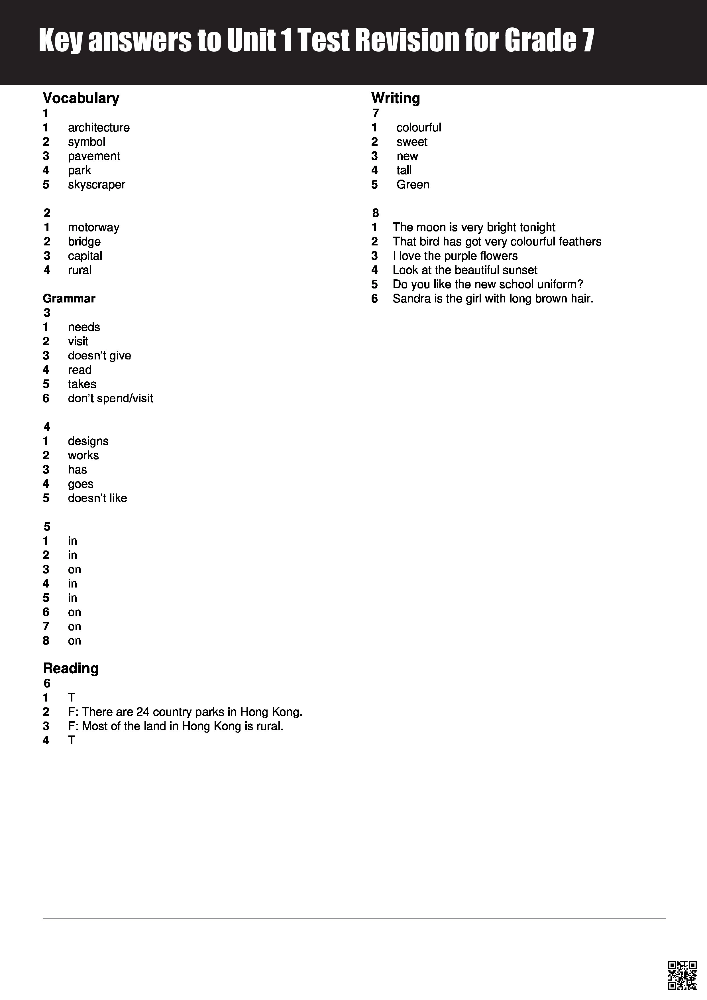 نموذج إجابة لمراجعة اختبار الوحدة الأولى - لغة انجليزية - الصف الصف السابع - الفصل الفصل الثاني