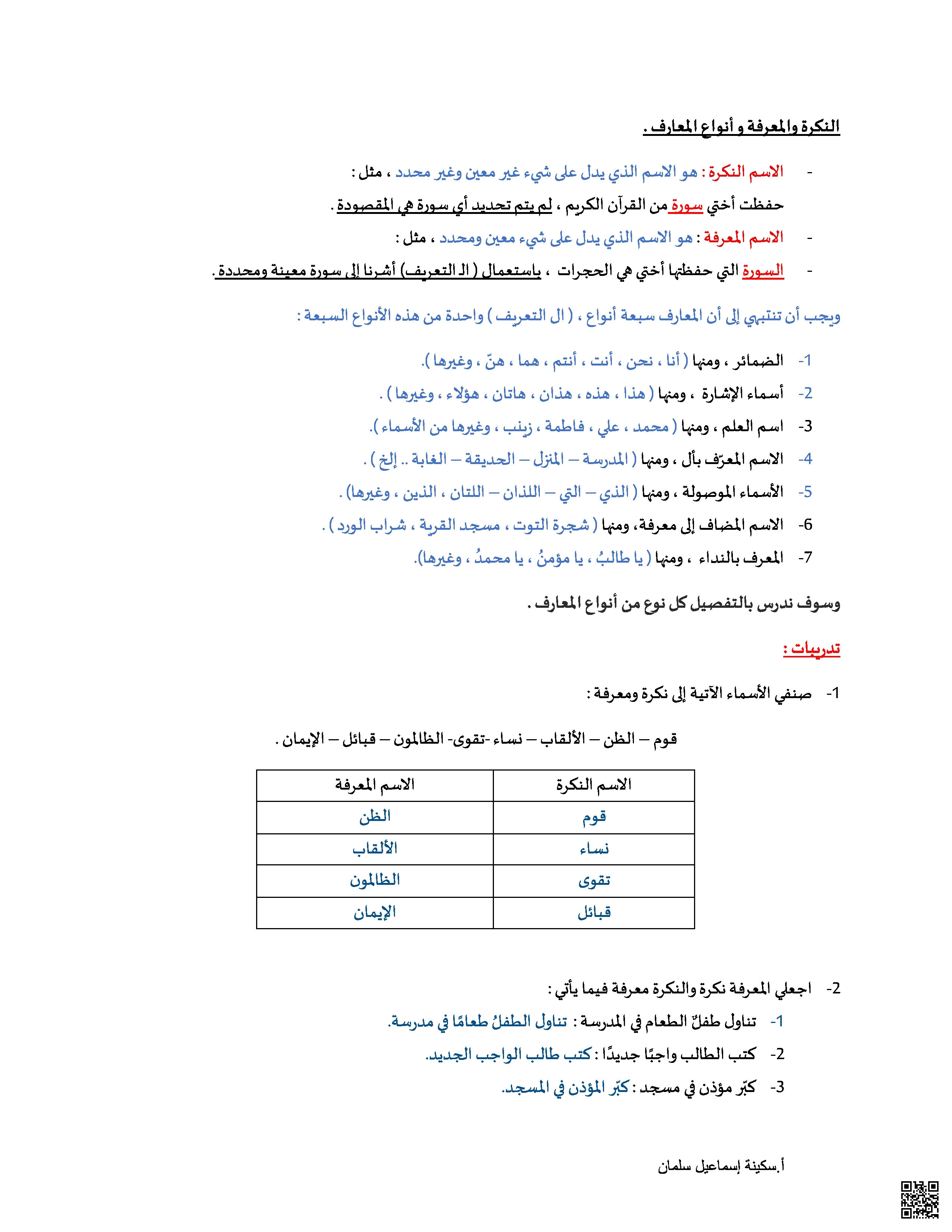 الإجابة النموذجية لدرس النكرة و المعرفة - لغة عربية - الصف الصف السابع - الفصل الفصل الثاني