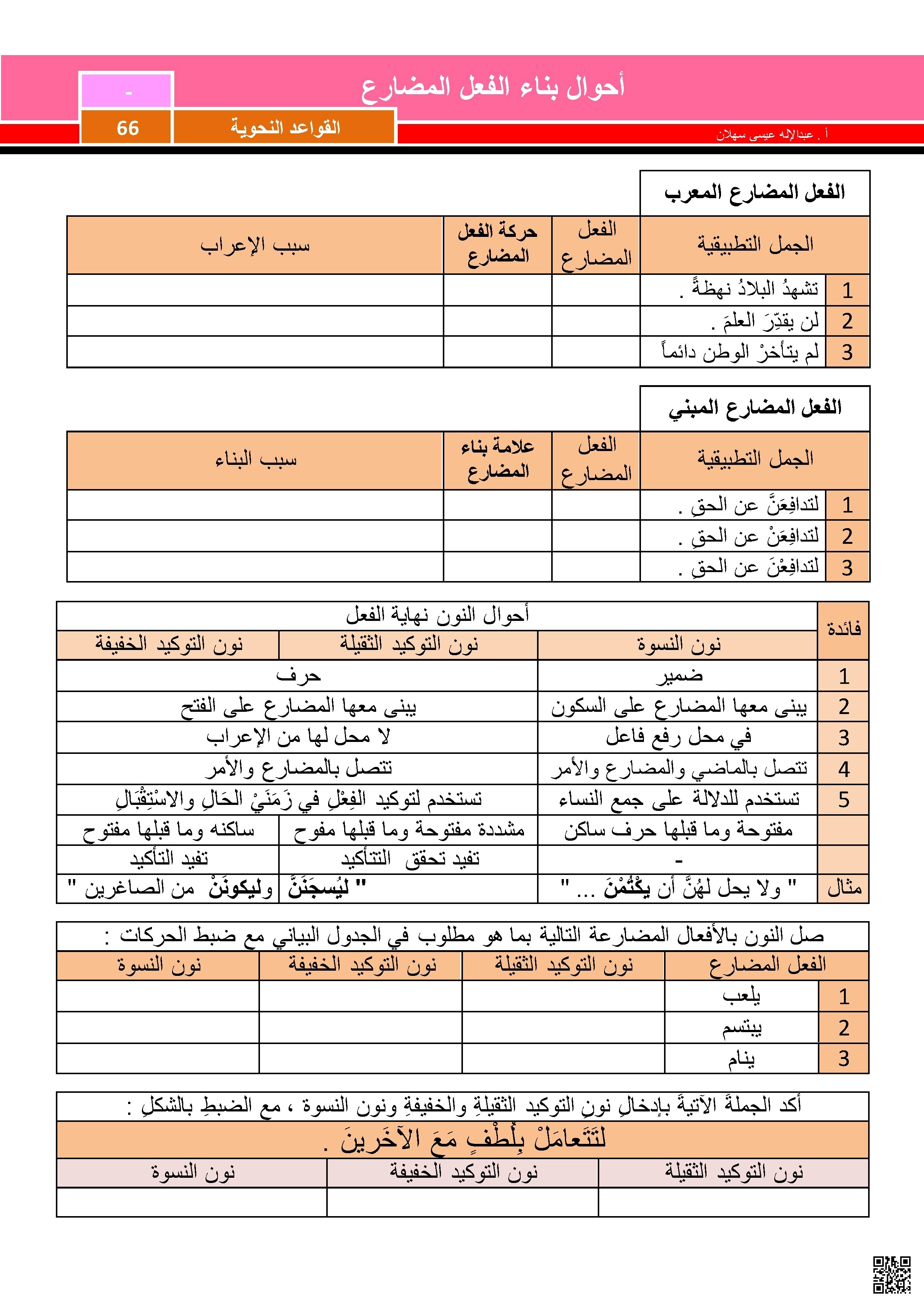 تدريب أحوال الفعل المضارع - لغة عربية - الصف الصف السابع - الفصل الفصل الثاني