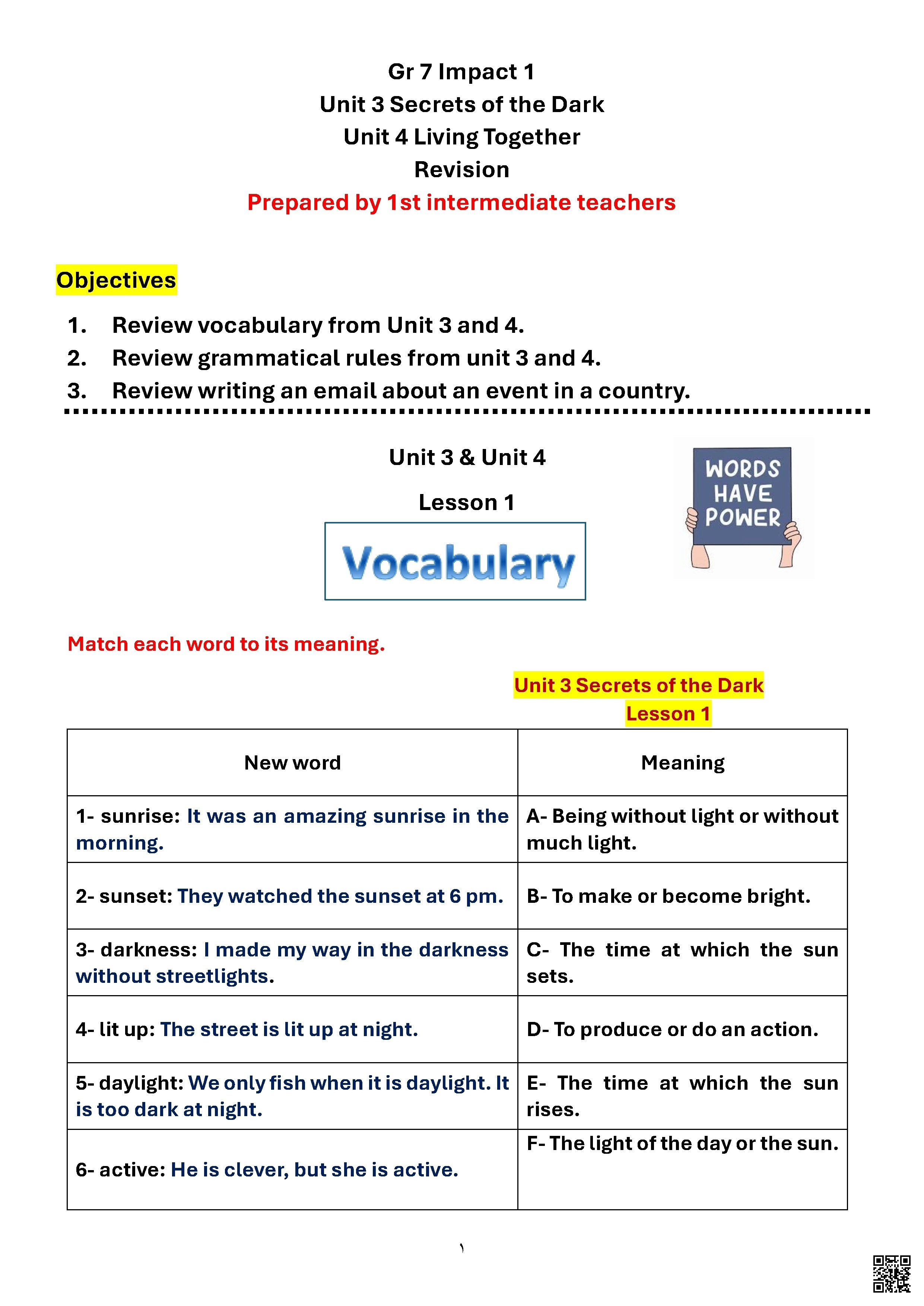 مراجعة الوقفة التقويمية الثالثة الاختبار الثالث في اللغة الإنجليزية - لغة انجليزية - الصف الصف السابع - الفصل الفصل الأول