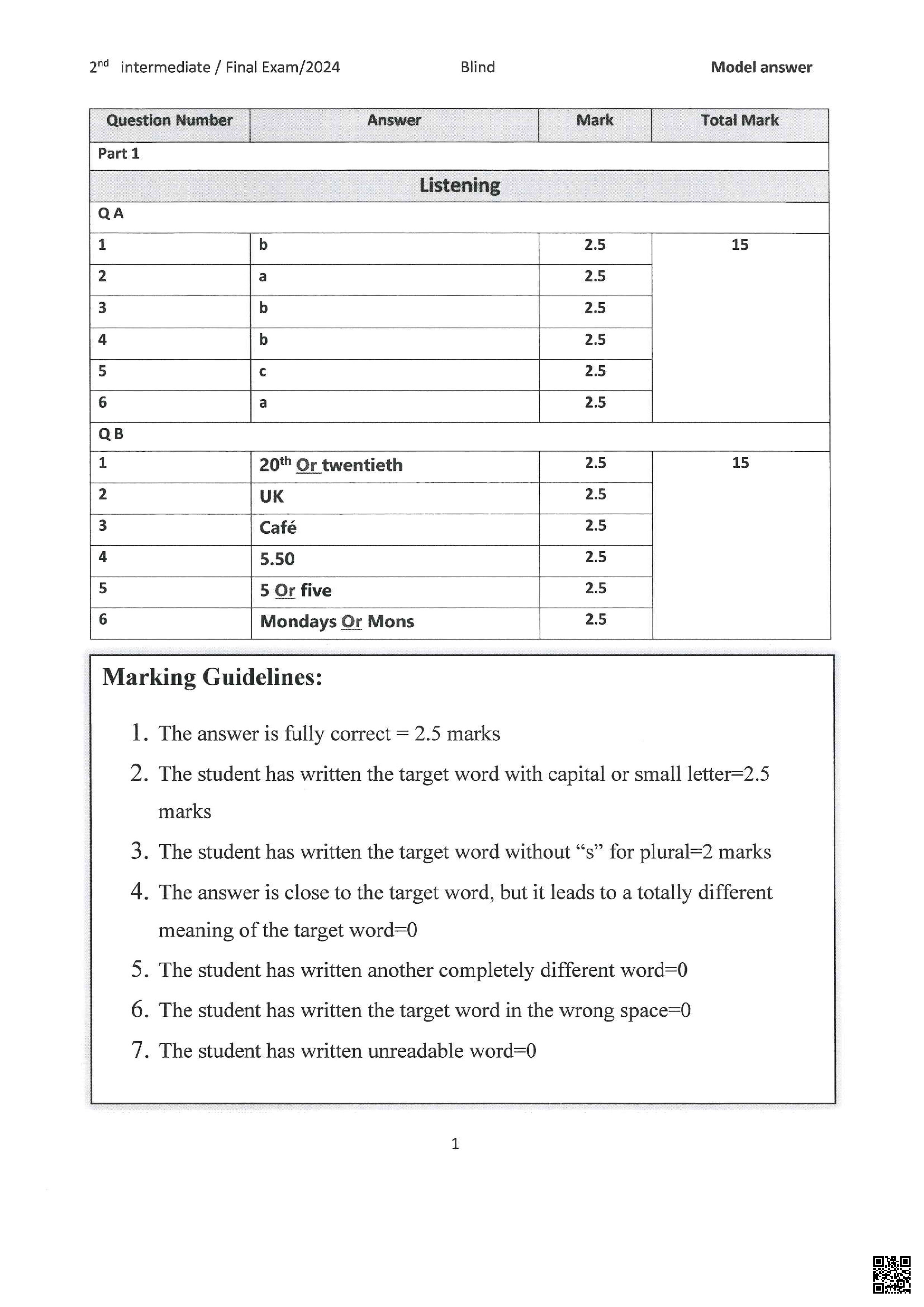 نموذج الإجابة لامتحان نهاية الفصل الثاني - لغة انجليزية - الصف الصف الثامن - الفصل الفصل الثاني