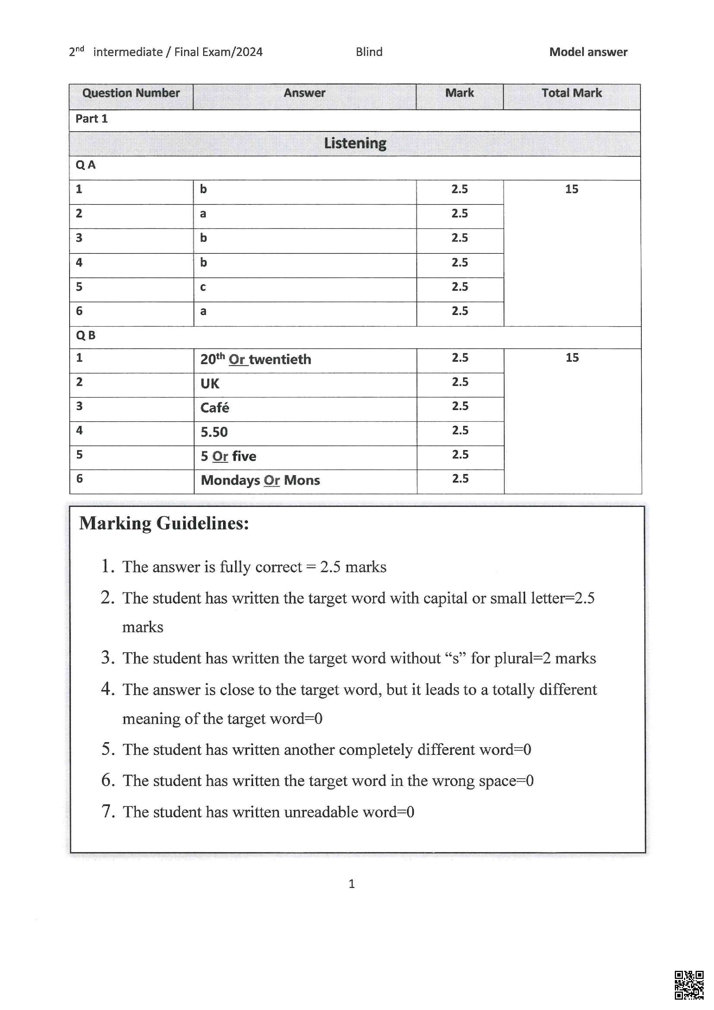 نموذج الإجابة لامتحان نهاية الفصل الثاني - لغة انجليزية - الصف الصف الثامن - الفصل الفصل الثاني