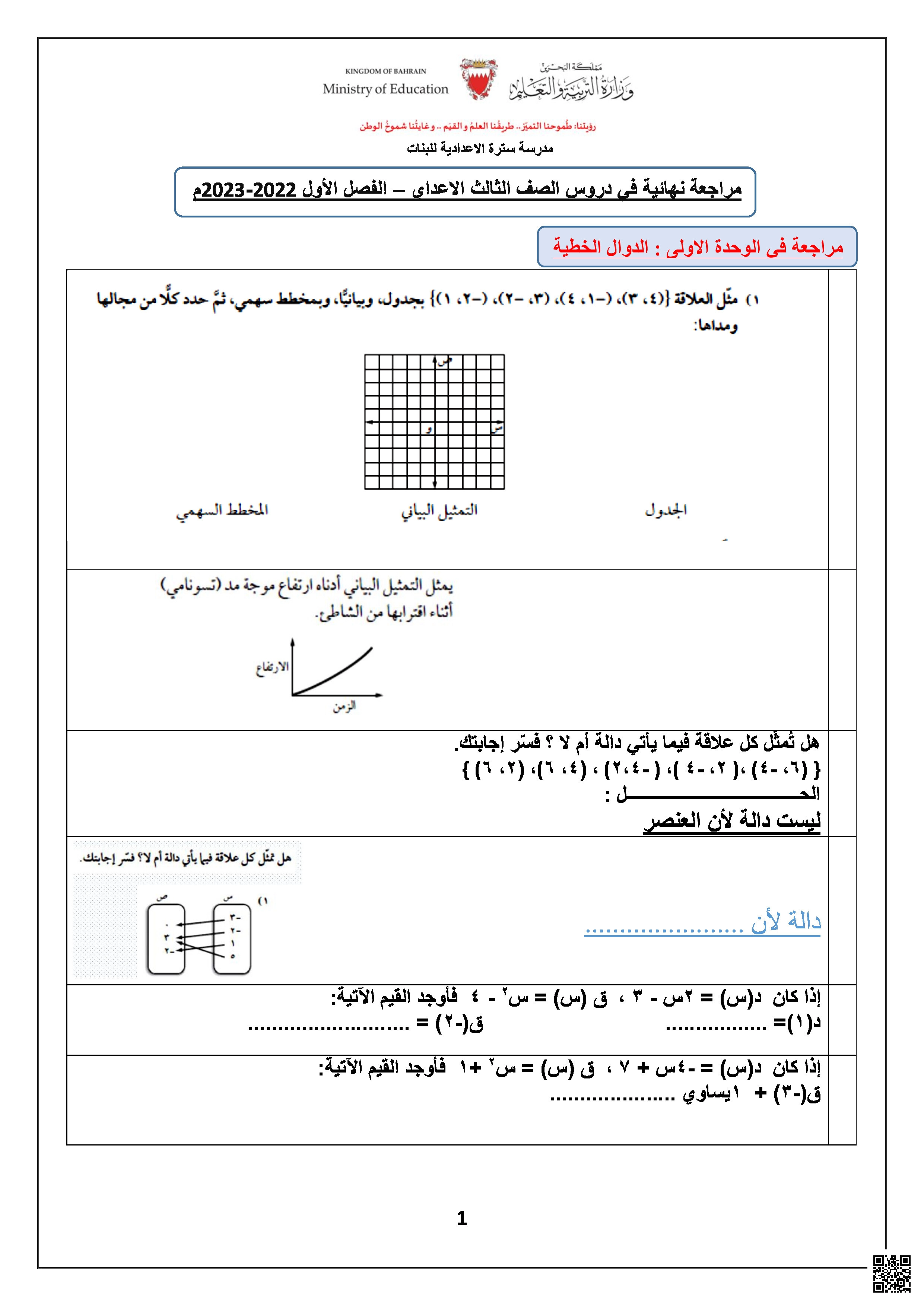 مراجعة نهائية لدروس الرياضيات نهاية الفصّل الأوّل - رياضيات - الصف الصف التاسع - الفصل الفصل الثاني